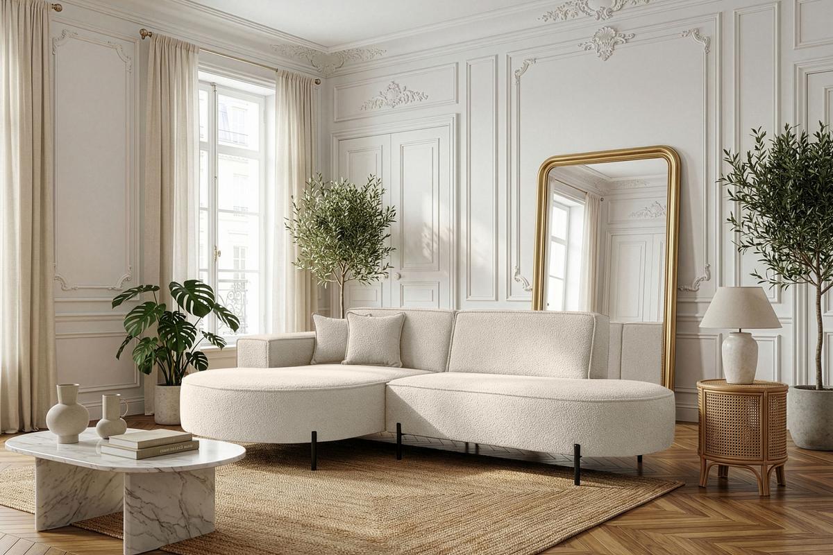 ECKSOFA Hana Loft 3-Sitzer Ecke Links, Boucle, Creme 241/80/168 cm - Schwarz/Weiß, Textil/Metall (241/168cm) - WFL GROUP