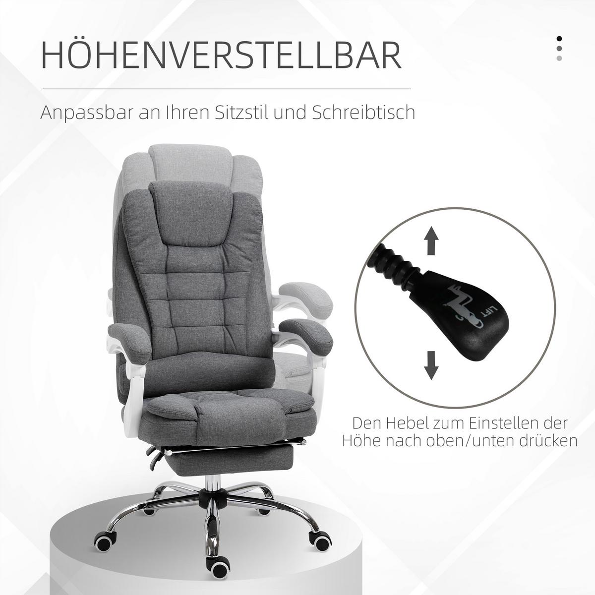 BÜROSTUHL höhenverstellbarer Schreibtischstuhl mit Fußstütze, Leinenoptik Grau - Grau, Metall (70/118/65cm) - Vinsetto