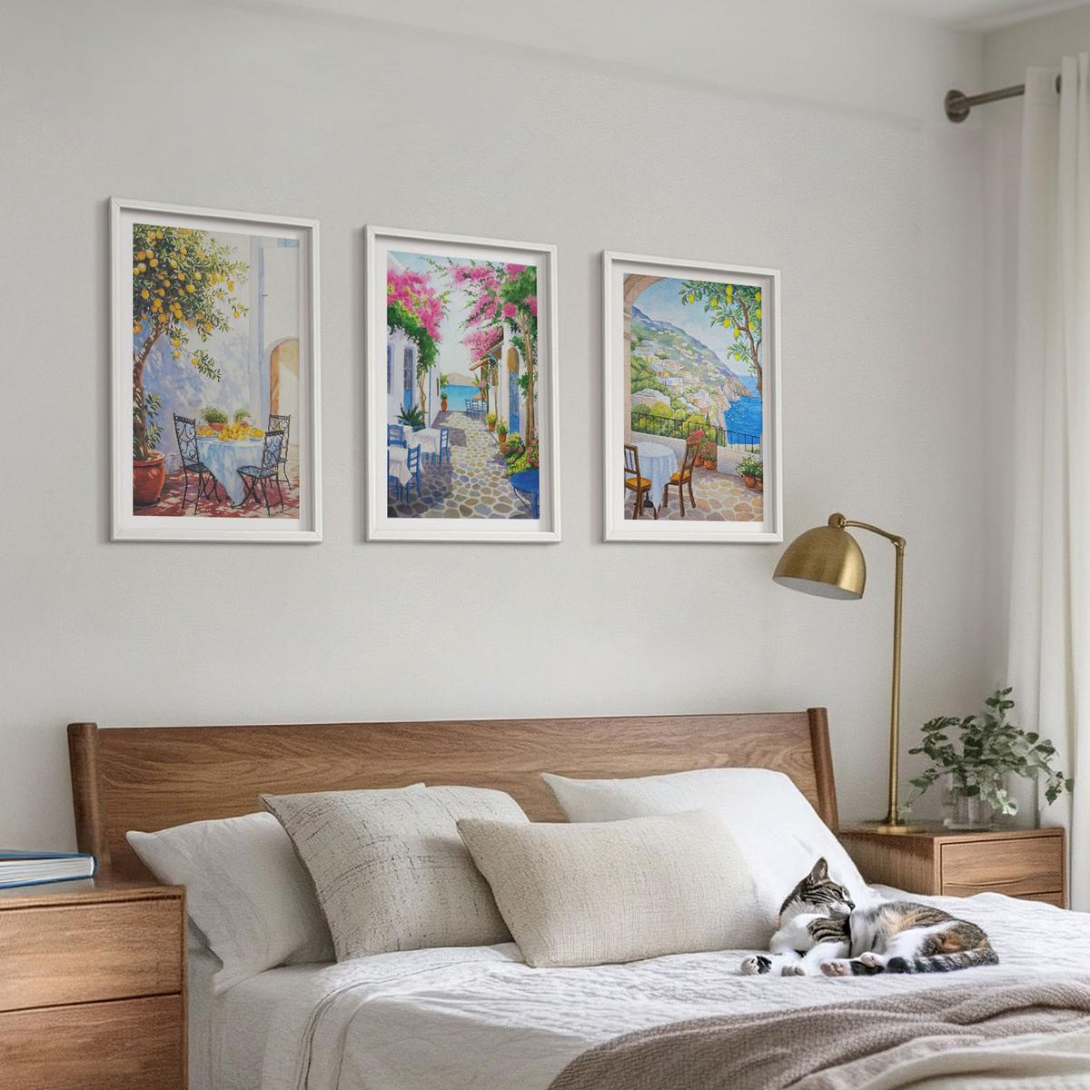 BILDER SET 3er Set - 40x60 cm Weißer Rahmen - Charmante Straßen, Pflanzen, Meer - Weiß, Kunststoff (40/60cm) - TULUP