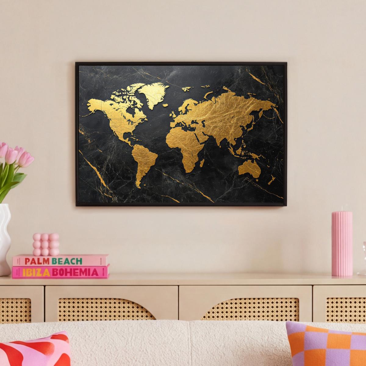 LEINWAND Bilder mit Rahmen - Weltkarte - Gold - Marmor - 60x40 - Goldfarben, Textil (60/40cm) - MuchoWow