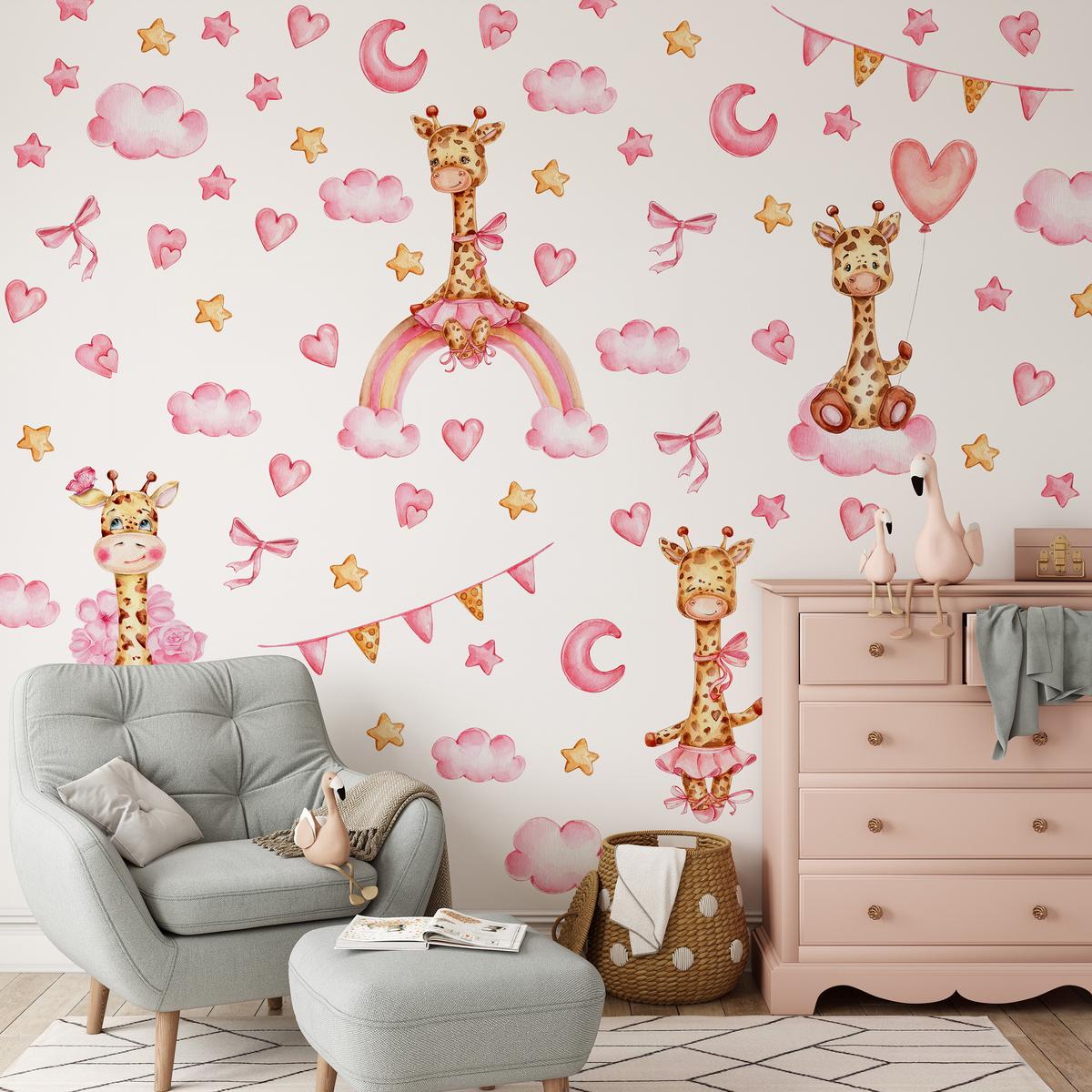 STICKER SET für Kinder Giraffen rosa Wolken Monde Sterne 120x60 - Gelb/Beige, Papier (120/60/1cm) - Muralo