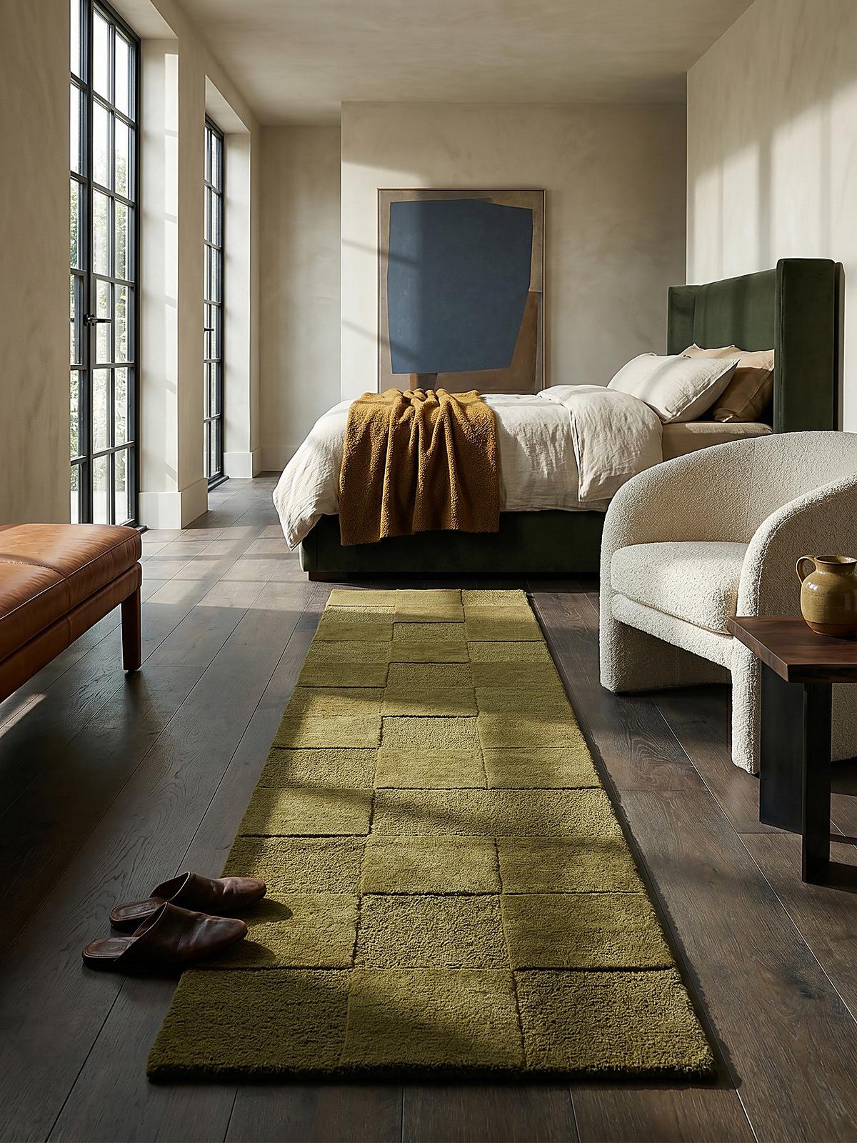WOLLTEPPICH DEBEN, mit Schachbrettmuster, Grün, 60 x 230 cm - Grün, Textil (230/60cm) - KADIMA DESIGN
