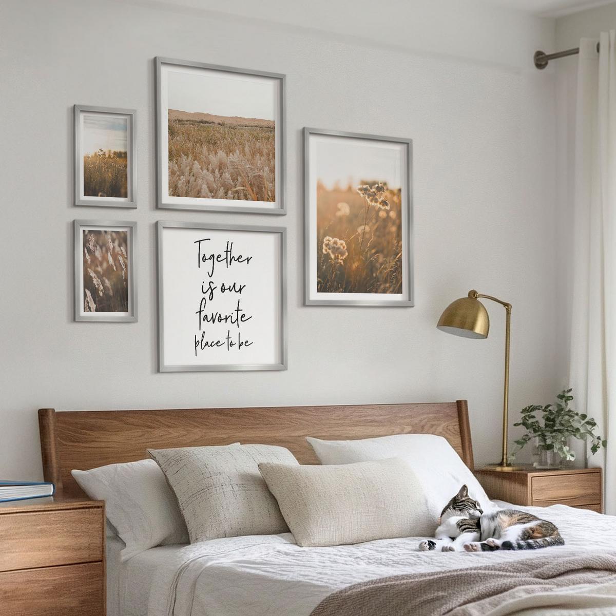 BILDER SET 5er Set - 50x50 cm & 20x30 cm & 40x60 cm Silberner Rahmen - Landschaftsgrasblumen Wärme - Silberfarben, Kunststoff (40/60cm) - TULUP