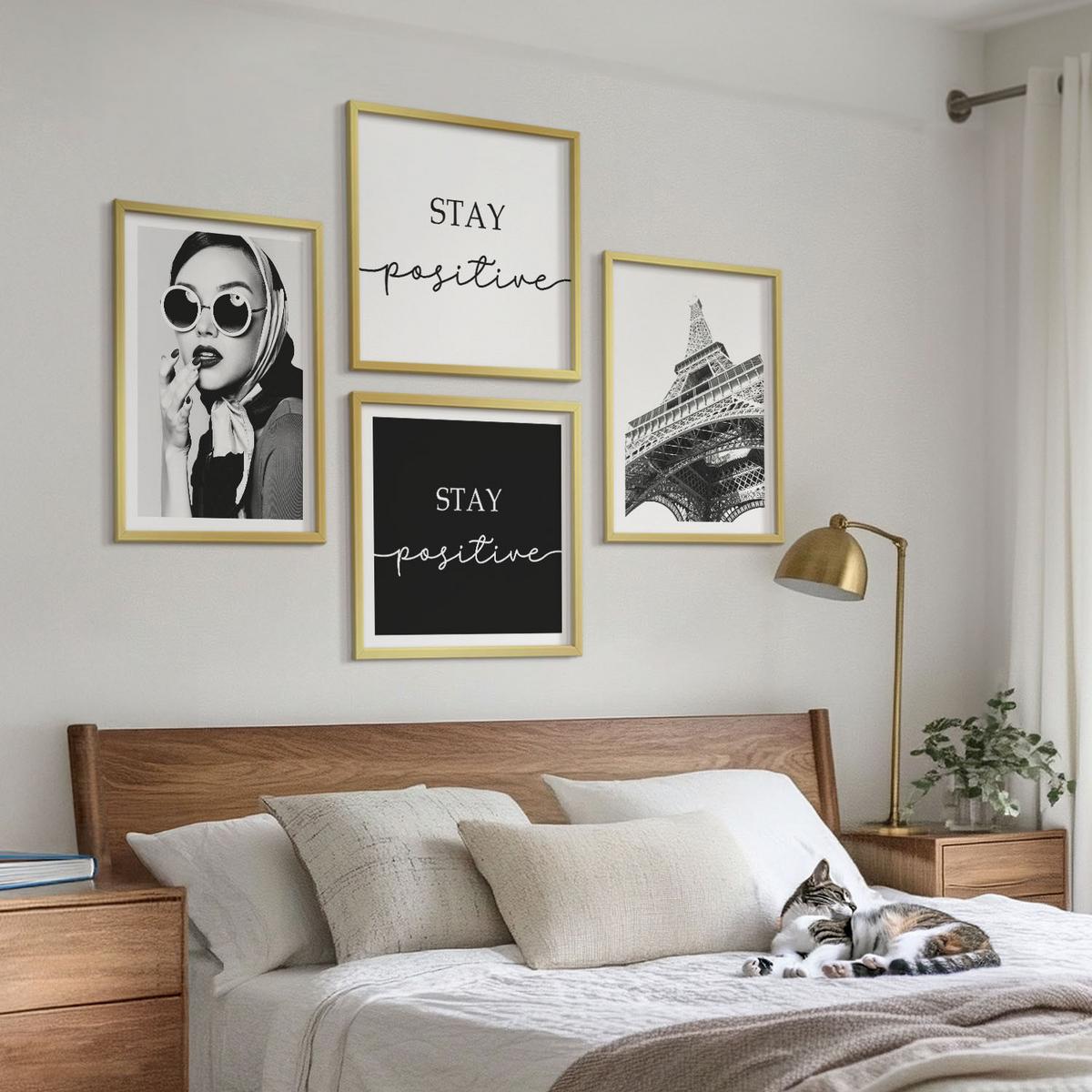 BILDER SET 4er Set - 50x50 cm & 40x60 cm Goldrahmen - Porträts, Eiffelturm-Slogans - Goldfarben, Kunststoff (50/50cm) - TULUP