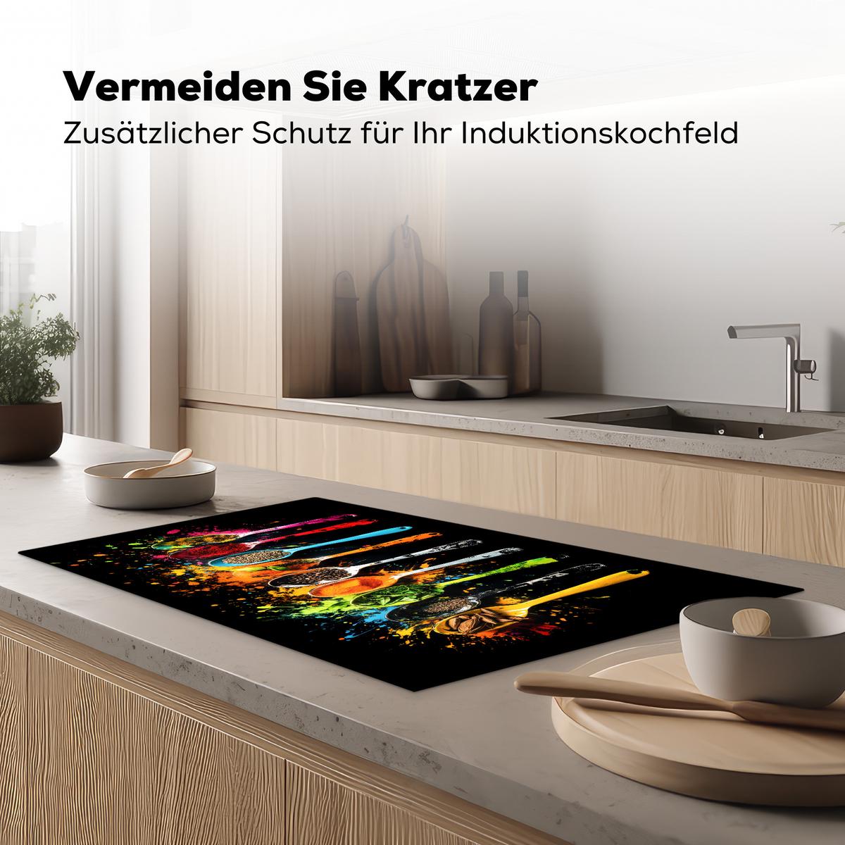 HERDABDECKPLATTE Löffel - Gewürze - Modern - Graffiti - Farbe - Farbenfroh Ceranfeldabdeckung 90x52 cm - Multicolor, Kunststoff (90/52/0.2cm) - MuchoWow