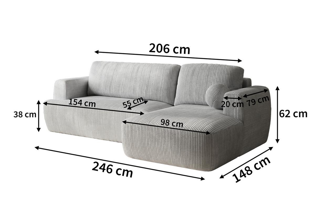 ECKSOFA SENTI P R-S Hellgrau Kordstoff mit Schlaffunktion - Hellgrau/Schwarz, Holz/Kunststoff (246/148cm) - MASSENO