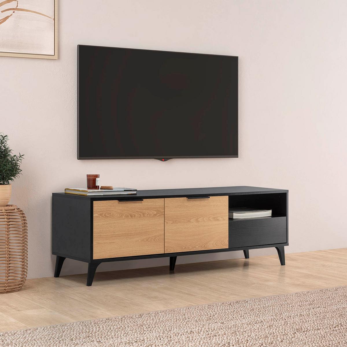 TV-ELEMENT Kalma 2 Türen 1 Schublade - Schwarz, Holzwerkstoff (136/45/40cm) - VS Venta-stock