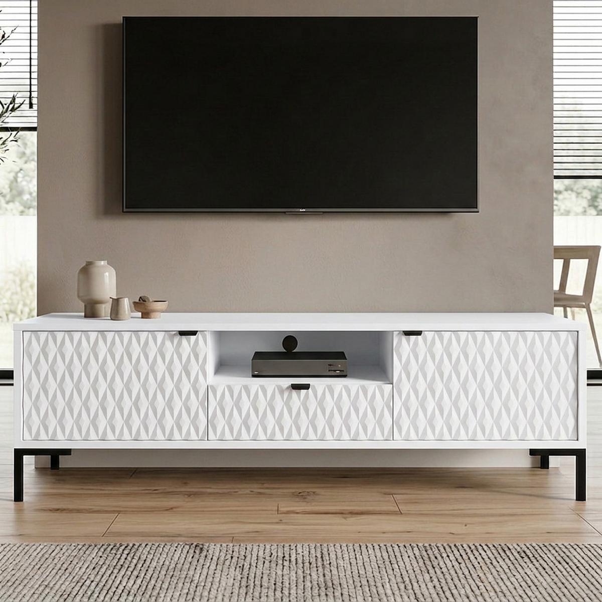 LOWBOARD Montreal mit 2 Türen, 1 Schublade und offenem Fach, dekorative 3D-Fronten, Weiß - Schwarz/Weiß, Holzwerkstoff/Metall (150/47/40cm) - Beautysofa
