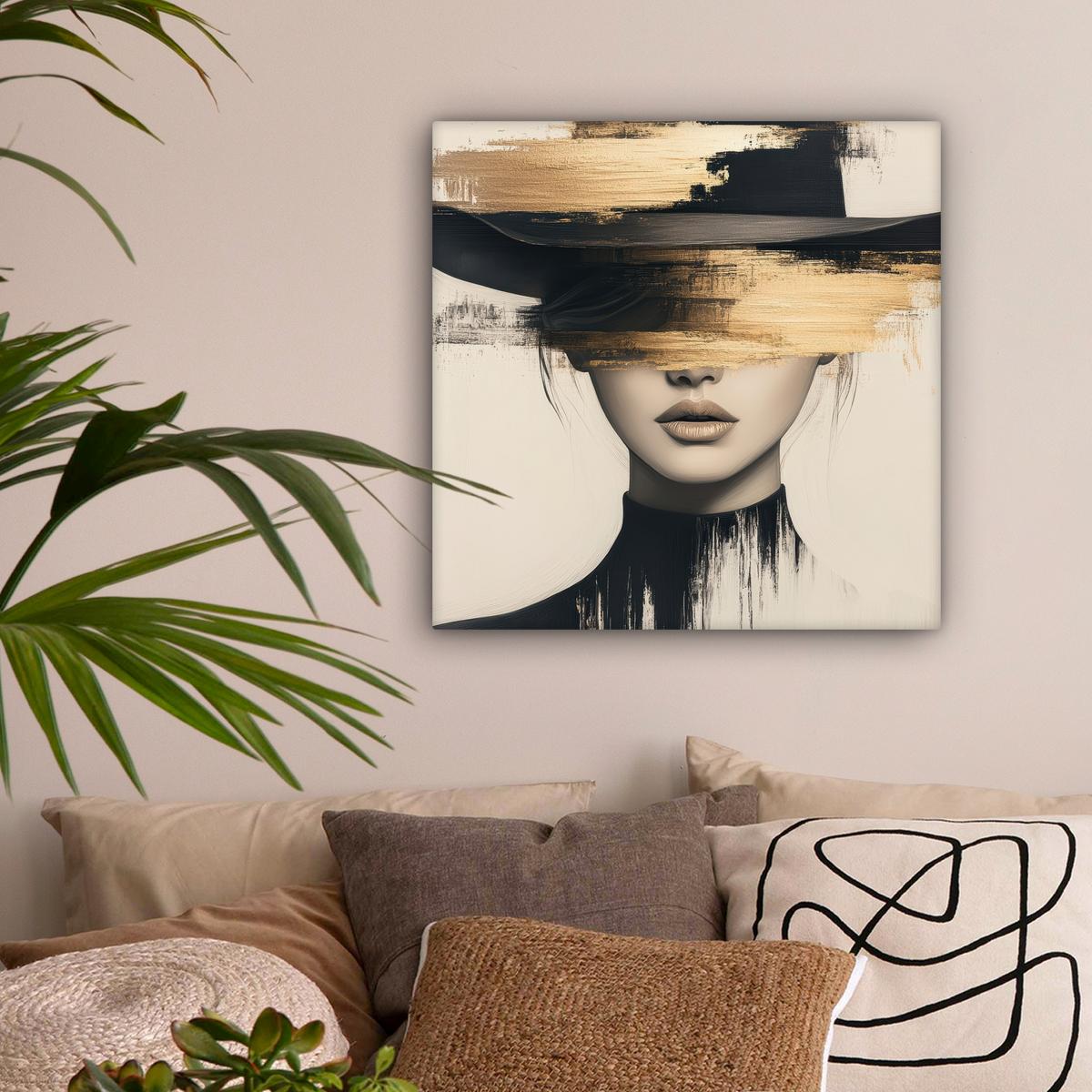 LEINWANDBILD Frau - Hut - Farbe Wandbild Wohnzimmer 50x50 cm - Goldfarben, Textil (50/50cm) - MuchoWow