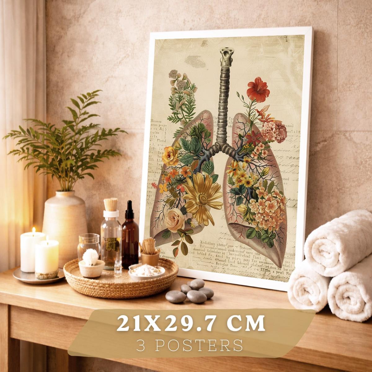 POSTER Set aus 3 Anatomie Mensch Vintage Florale Drucke und Wandbilder mit Lungen Brustkorb und Gehirn Botanischer Antiker Stil Größe Weißer Rahmen A4 - Weiß, Papier (21/29.7/3cm) - Nacnic