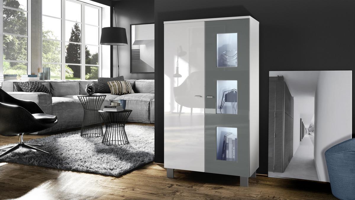 VITRINE Denjo Tür in Grau Hochglanz - Grau, Holzwerkstoff (71/129/35cm) - Vladon