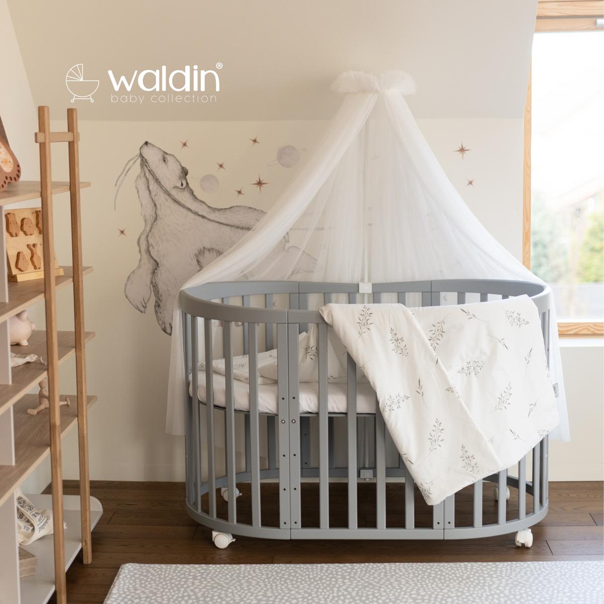 BABYBETT GREY OVAL 7in1 mit Matratze und Himmelset - Weiß/Grau, Holz/Textil (73/125cm) - waldin