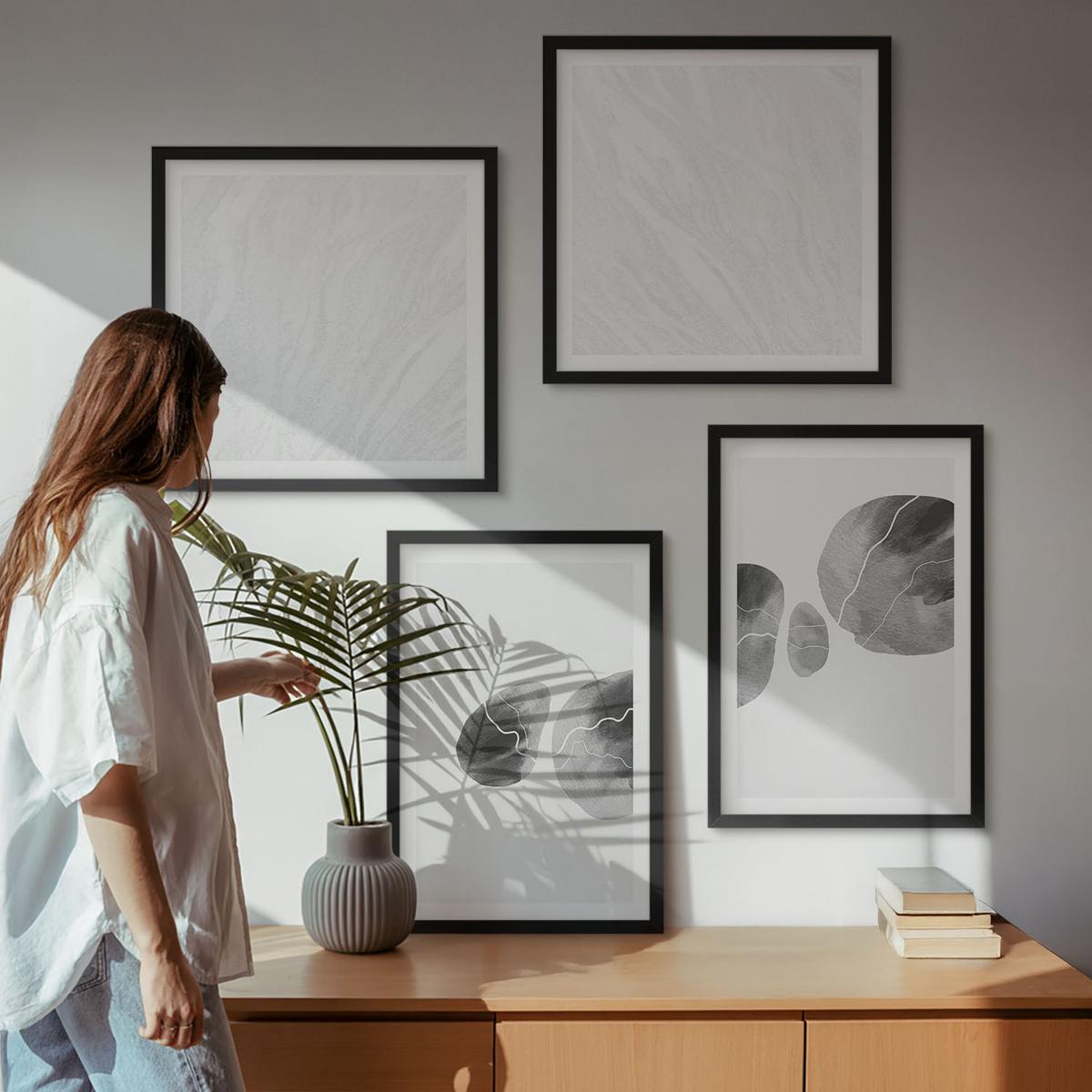 BILDER SET 4er Set - 50x50 cm & 40x60 cm Schwarzer Rahmen - Abstrakte Kunst, Farbspritzer - Schwarz, Kunststoff (50/50cm) - TULUP