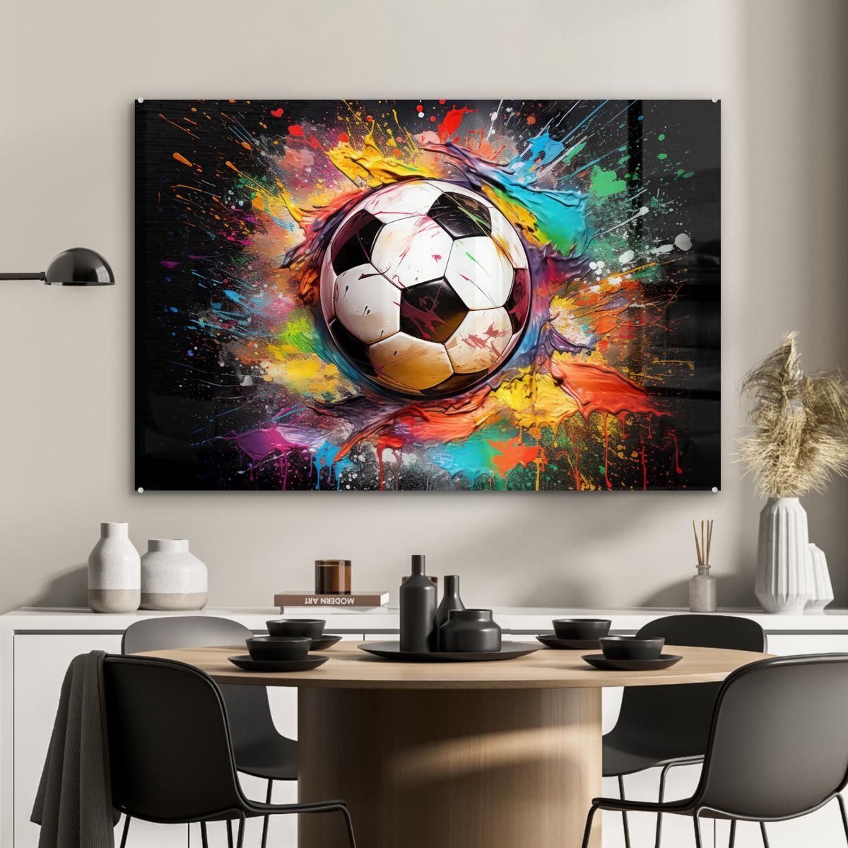 ACRYLGLASBILD Fußball - Farbe - Farben - Schwarz - Weiß Room Decor 90x60 cm - Weiß, Glas (90/60cm) - MuchoWow