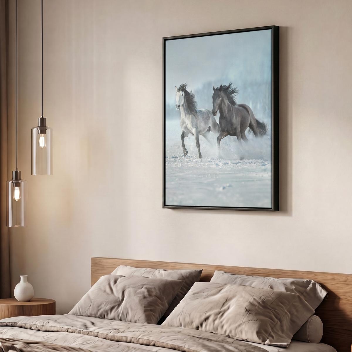 LEINWAND Bilder mit Rahmen - Pferde - Winter - Tiere - Natur - Schnee - 50x70 - Anthrazit, Textil (50/70cm) - MuchoWow