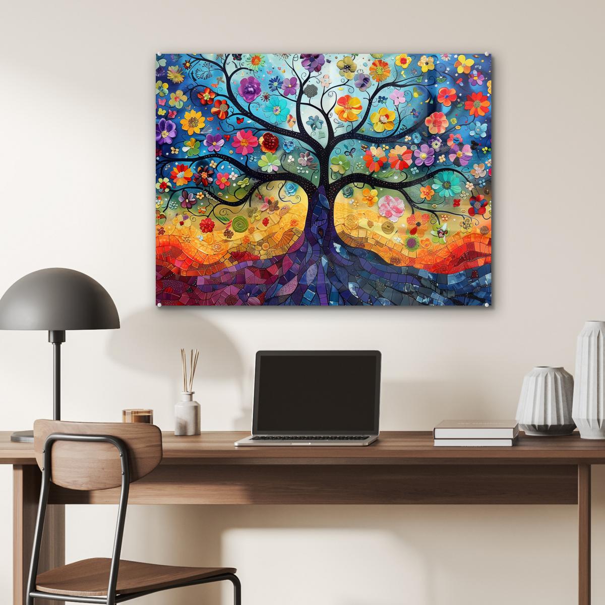 ACRYLGLASBILD Kunst - Baum des Lebens - Blumen - Hippie 80x60 cm - Dunkelblau, Glas (80/60cm) - MuchoWow