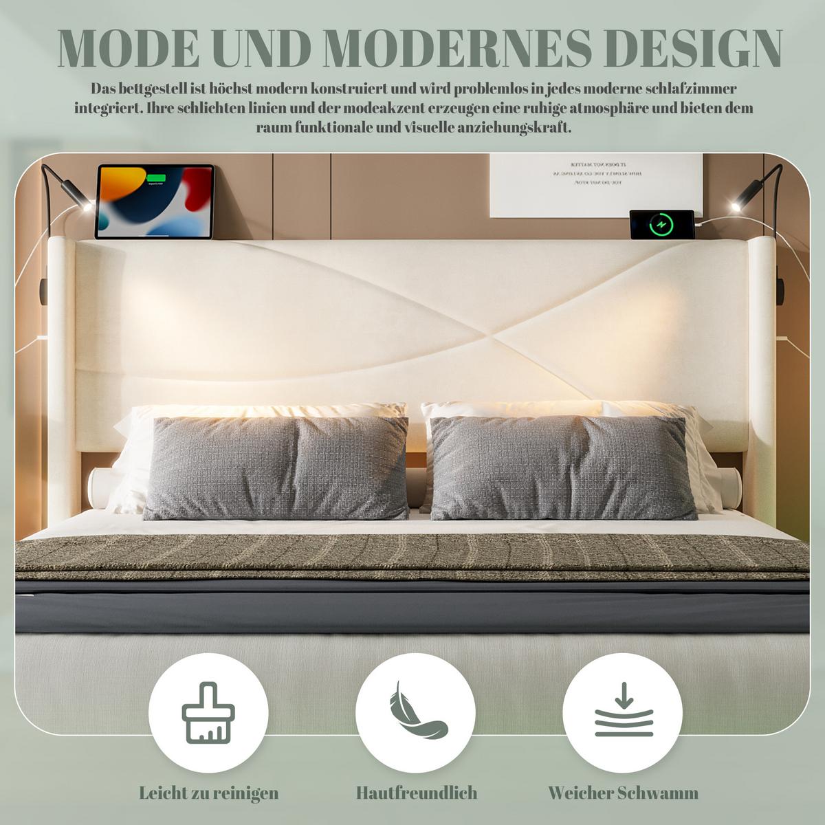 POLSTERBETT Samt Beige 140x200 cm mit LED Beleuchtung & USB-Ladestation - Beige, Textil (140/200cm) - Urban Meuble