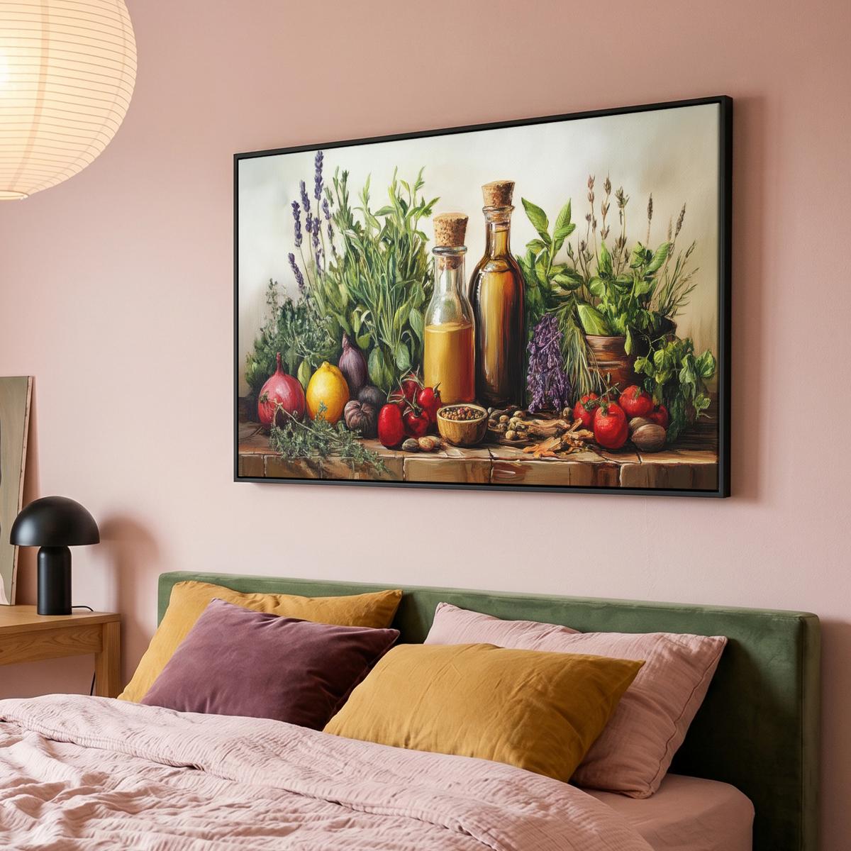 LEINWAND Bilder mit Rahmen - Stilleben - Kräuter - Gewürze - Früchte - Farbenfroh - 150x100 - Grün, Textil (150/100cm) - MuchoWow
