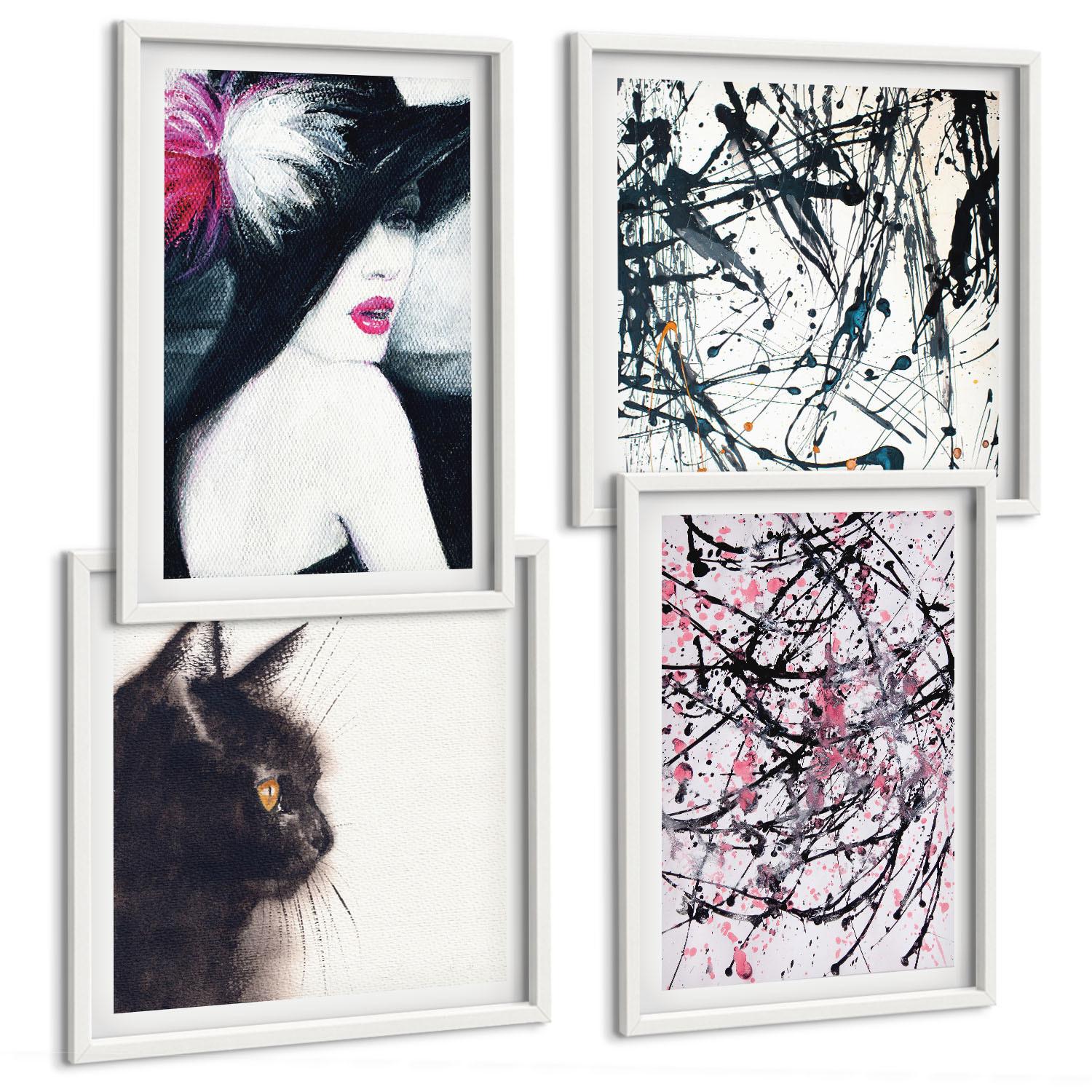 BILDER SET 4er Set - 50x50 cm & 40x60 cm Weißer Rahmen - Abstrakte Katzenmalereien - Weiß, Kunststoff (50/50cm) - TULUP