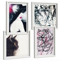 BILDER SET 4er Set - 50x50 cm & 40x60 cm Weißer Rahmen - Abstrakte Katzenmalereien - Weiß, Kunststoff (50/50cm) - TULUP