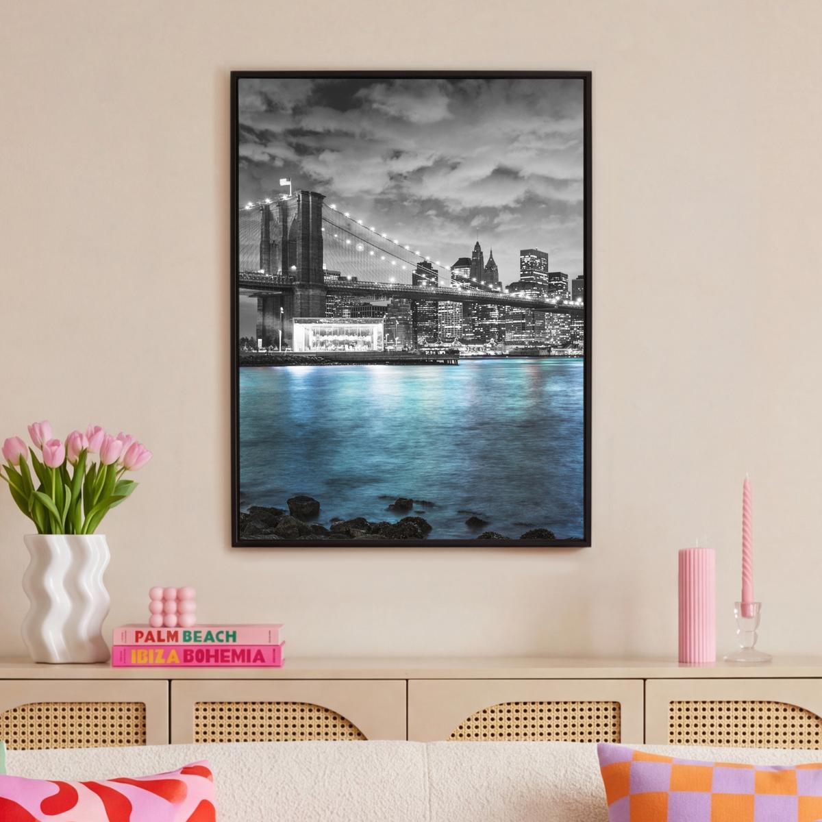 LEINWAND Bilder mit Rahmen - New York - Skyline - Stadt - Blau - 70x100 - Blaugrau, Textil (70/100cm) - MuchoWow
