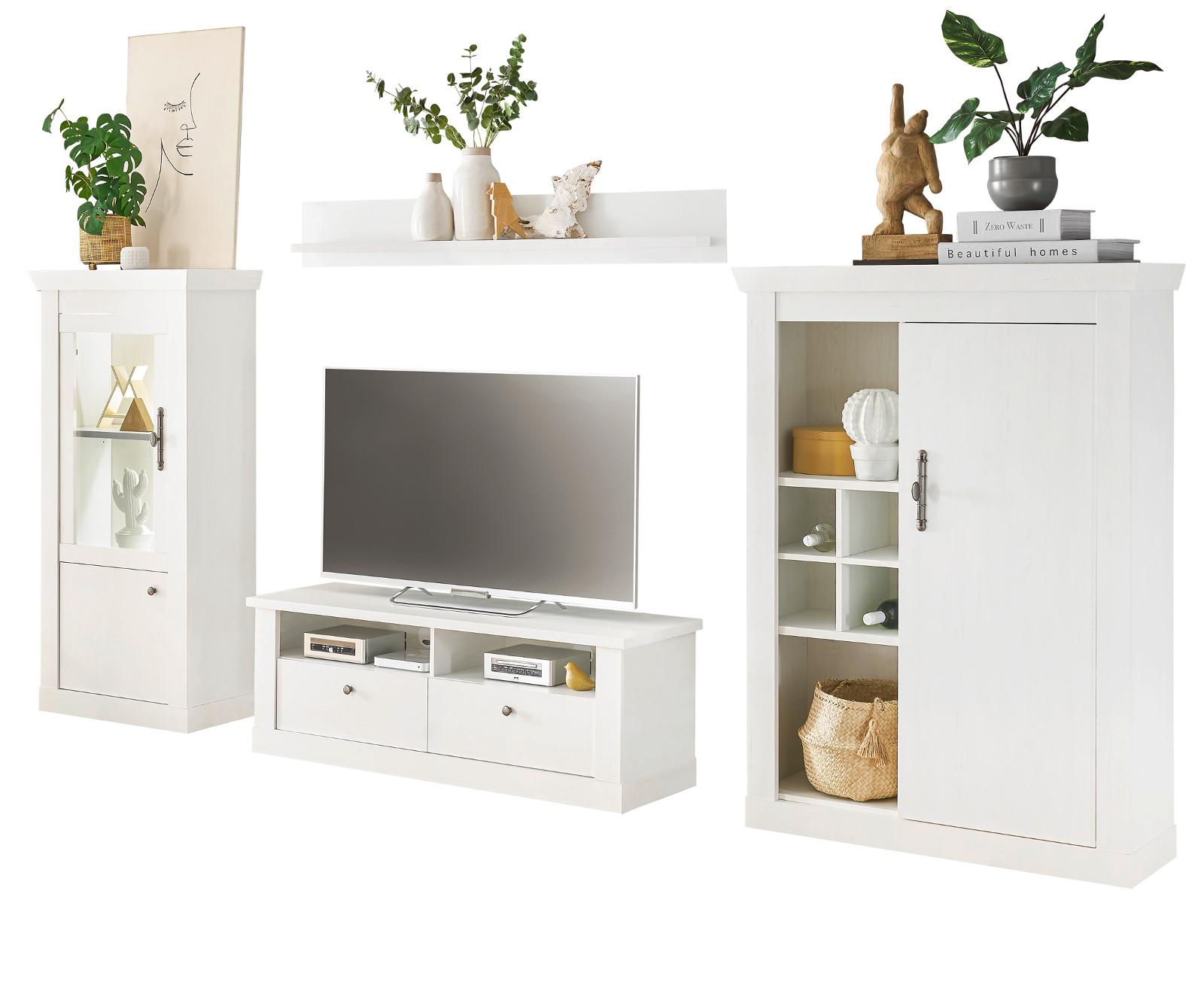 WOHNWAND weiß Pinie Landhaus, Wohnkombination 4-teilig, Soft-Close-Funktion - Silberfarben/Weiß, Holzwerkstoff/Metall (334/170/45cm) - Furn.Design