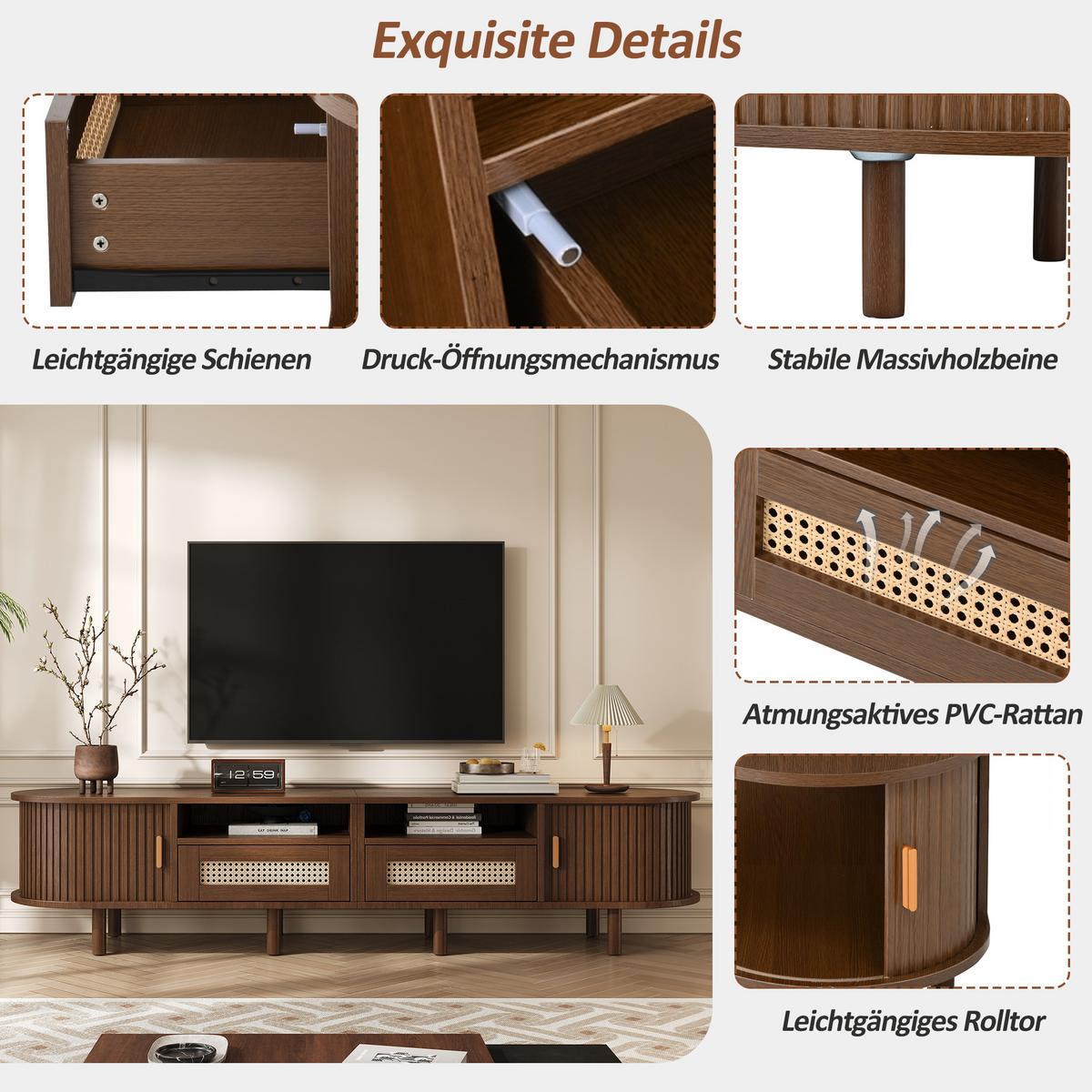 TV-LOWBOARD nussbaum-optik & rattan 170 cm oval mit 8 füßen - Alteiche, Holzwerkstoff (170/40/40cm) - Urban Meuble