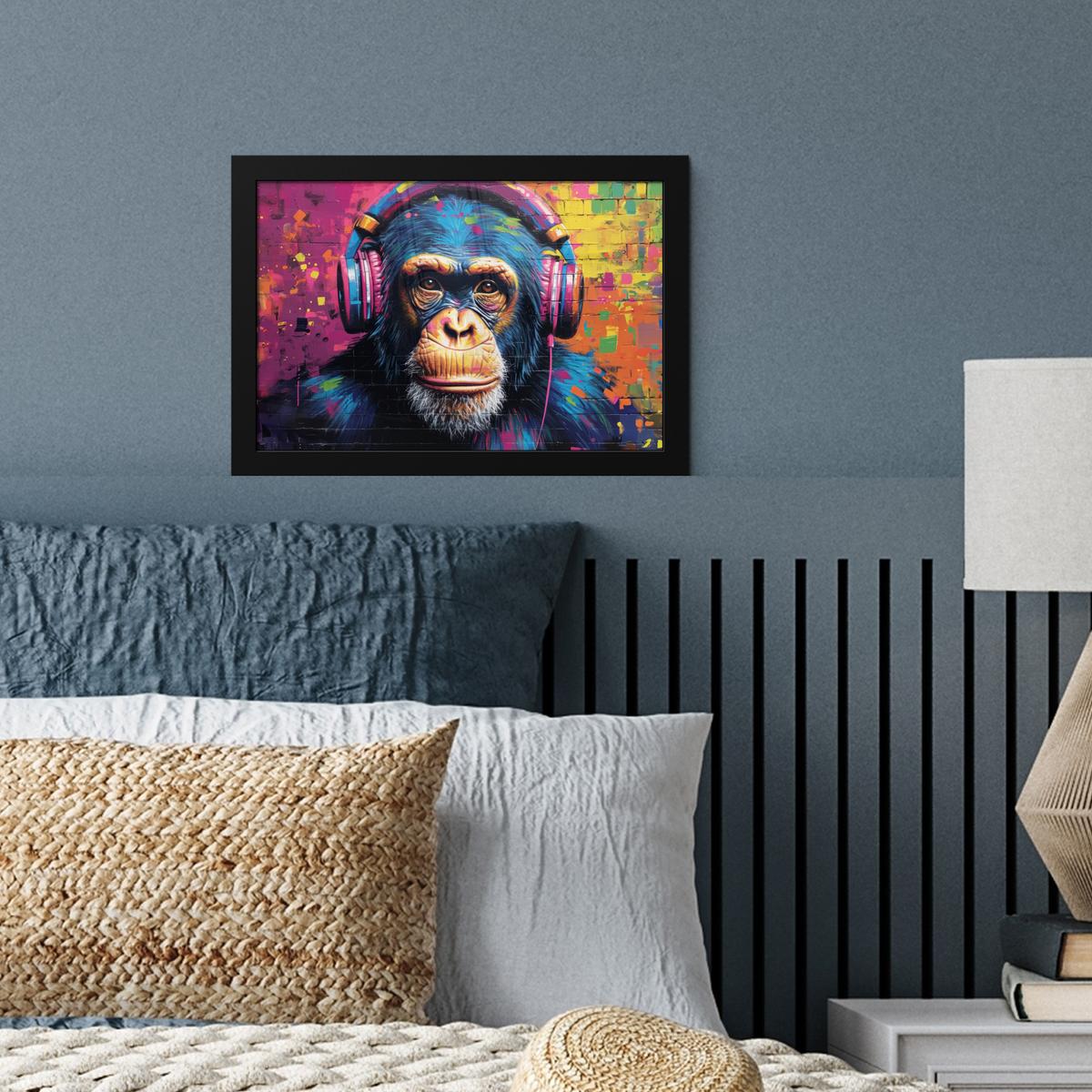 POSTER MIT RAHMENGERAHMTES BILD Graffiti - Schimpanse - Straßenkunst - Kopfhörer - Affe 30x20 cm - Blau, Papier (30/20cm) - MuchoWow
