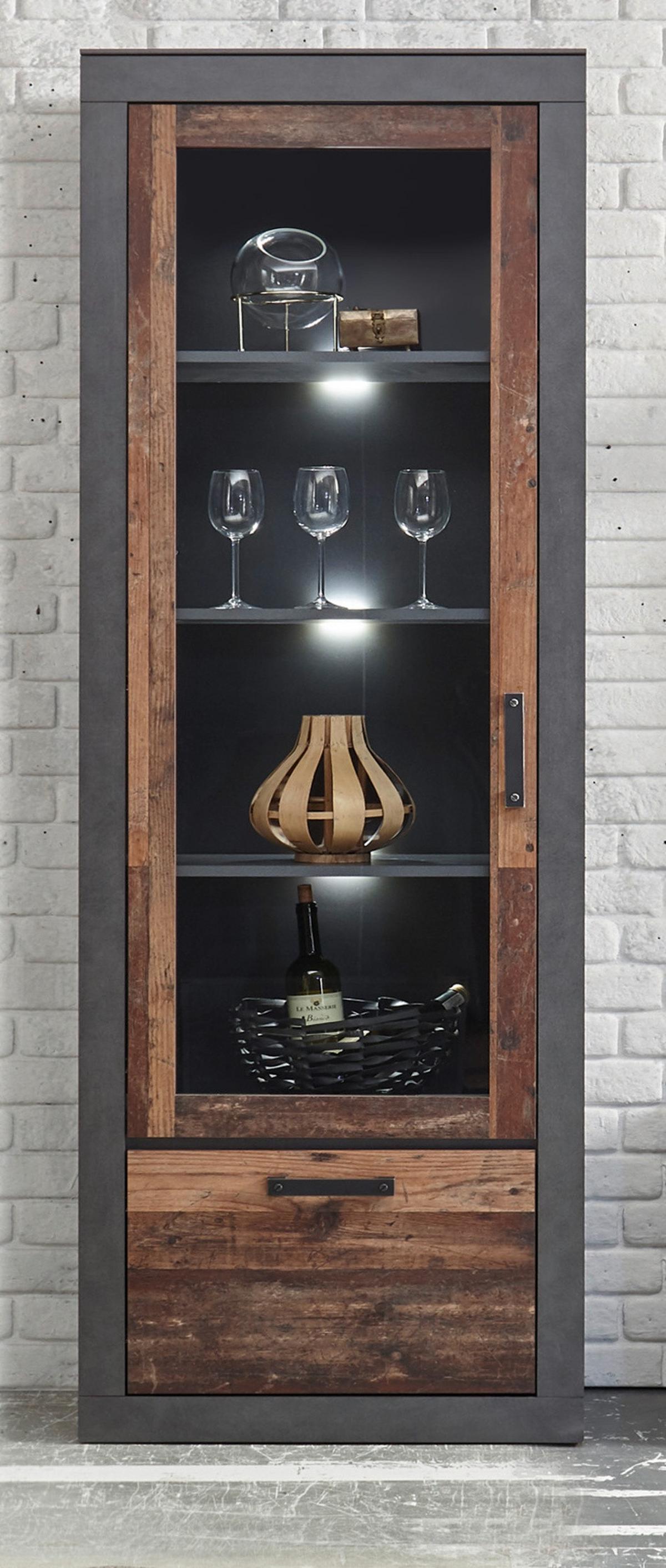 VITRINE Old Used Wood Shabby Design, grau, Vitrinenschrank mit 5 Fächern - Braun/Grau, Glas/Holzwerkstoff (65/201/40cm) - Furn.Design