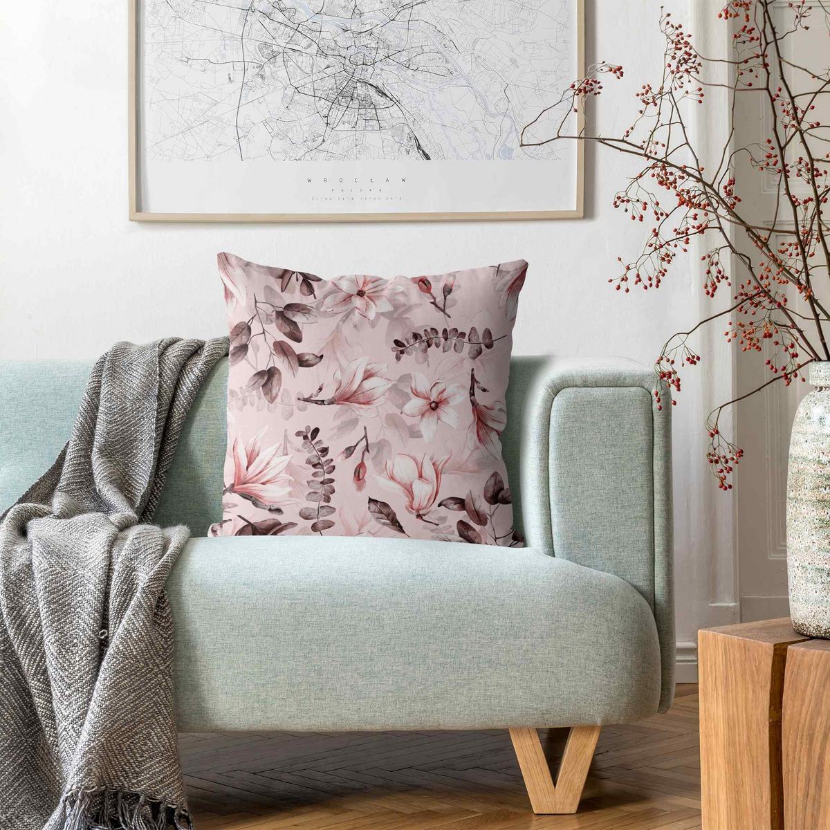 DEKOKISSEN Blüten mit Grauen Blättern vor Rosa 40/40 cm - Rosa, Textil (40/40/10cm) - Bilderwelten