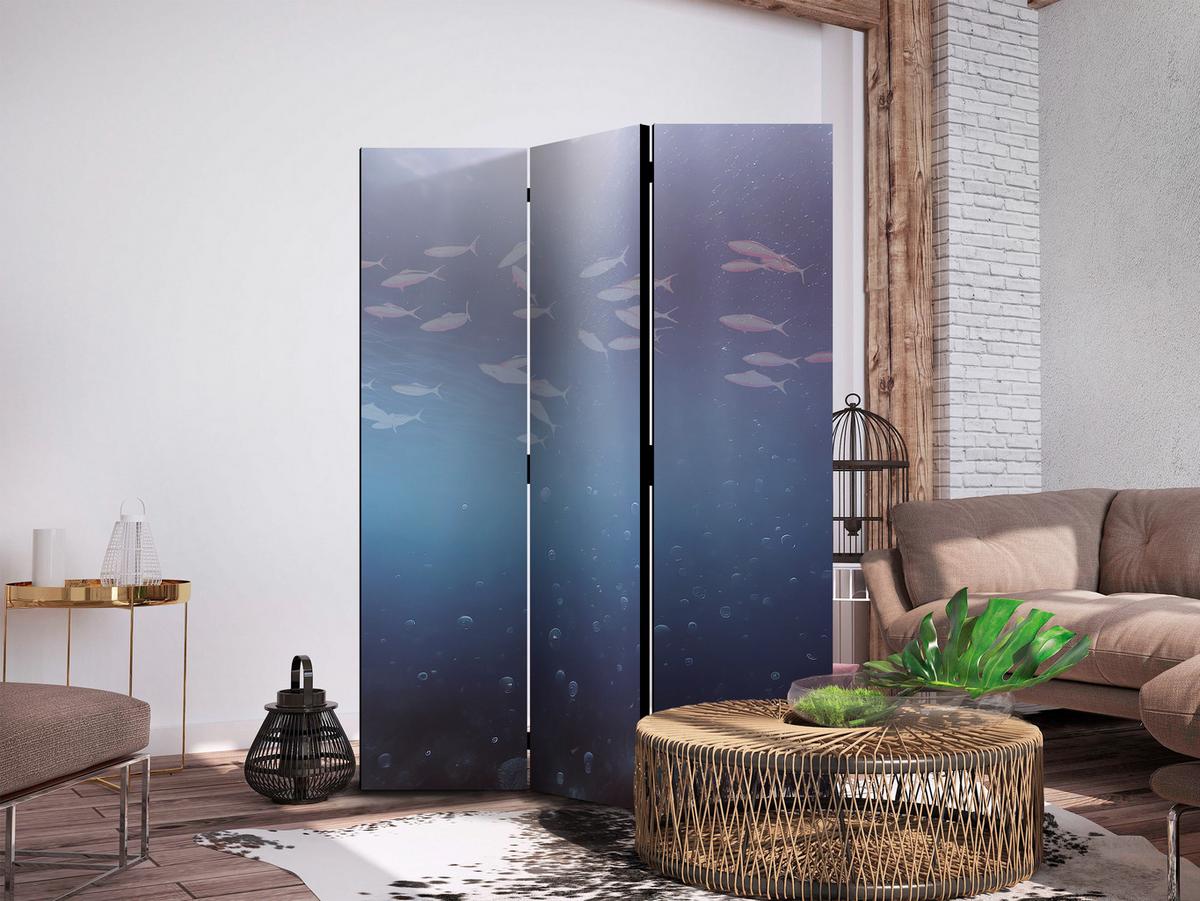 PARAVENT Akustik 3-tlg 135x172 cm Fische und Meereswellen - Blau, Holz/Textil (135/172/3cm) - Muralo