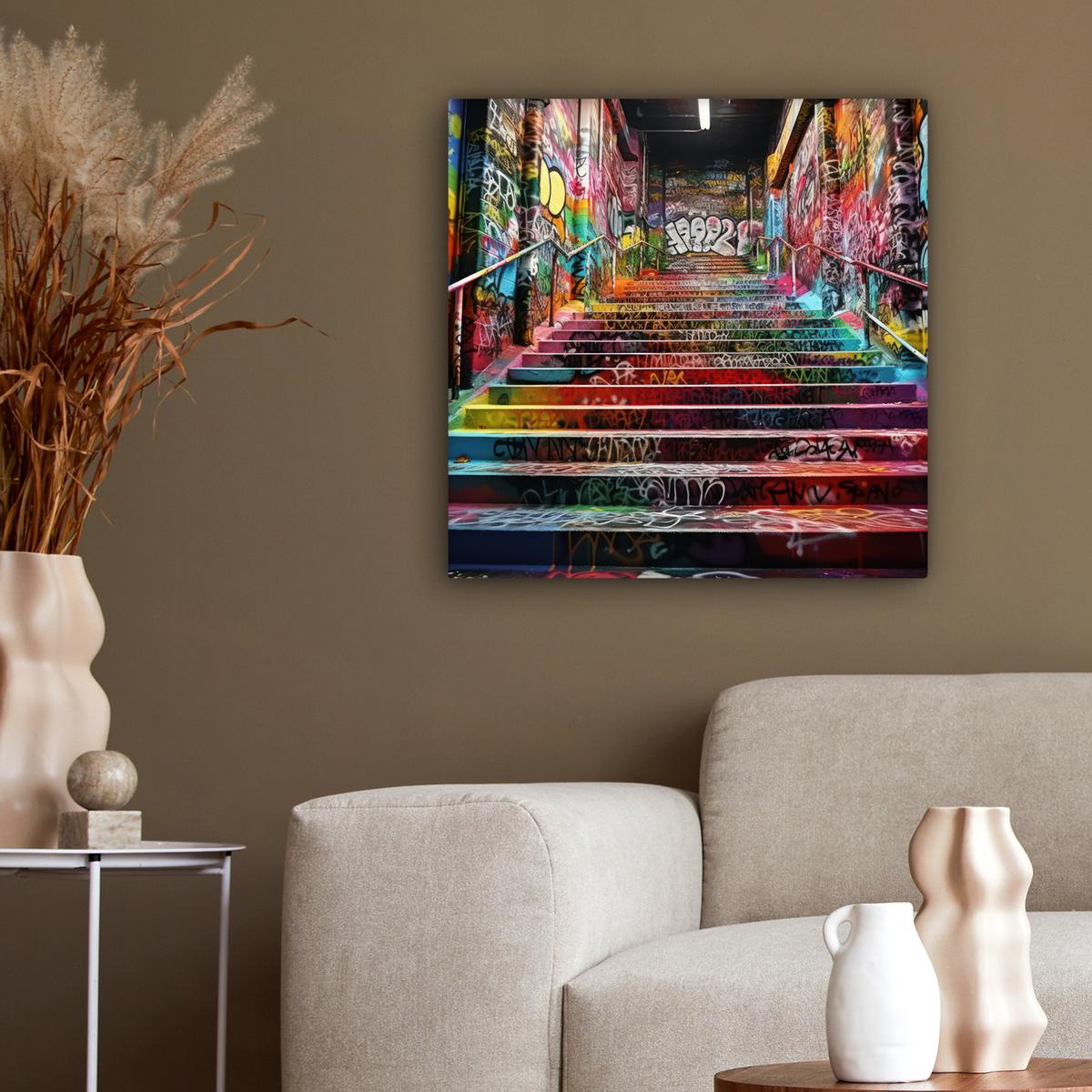 LEINWANDBILD Treppe - Graffiti - Farben - Kunst Wandbild Wohnzimmer 50x50 cm - Multicolor, Textil (50/50cm) - MuchoWow