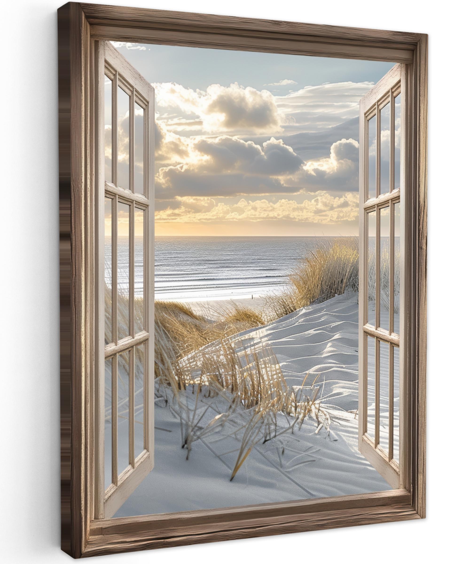 LEINWANDBILD Ausblick - Strand - Dünen - Meer - Natur Wandbild Wohnzimmer 60x80 cm - Sandfarben, Textil (60/80cm) - MuchoWow