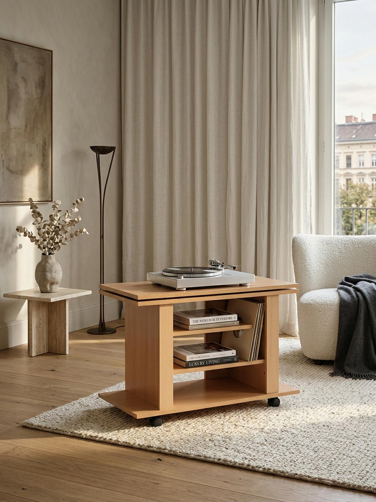 TV Board – Buchenholz drehbar rollbar 3 Ebenen - Schwarz/Braun, Holz/Kunststoff (38/75/51cm) - KADIMA DESIGN