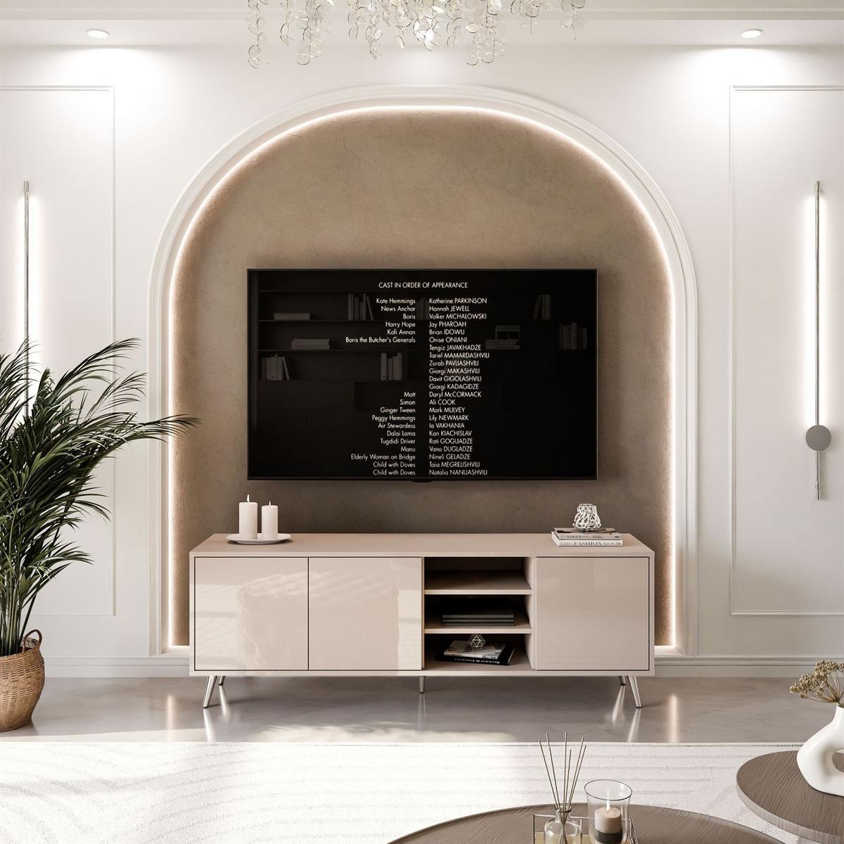 TV-SCHRANK SANAYI Kaschmir Hochglanz – schräge silberne Beine - Kaschmir, Holzwerkstoff (156/54/38cm) - Lookway