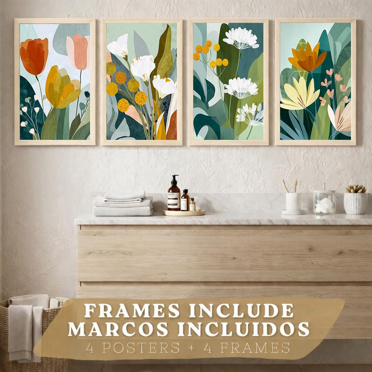 POSTER 4er-Set dekorative Badezimmerdrucke, moderne abstrakte florale Wandposter farbenfrohe nordische Dekoration Leichter Holzrahmen A3 - Beige, Papier (42/29.7/3cm) - Nacnic