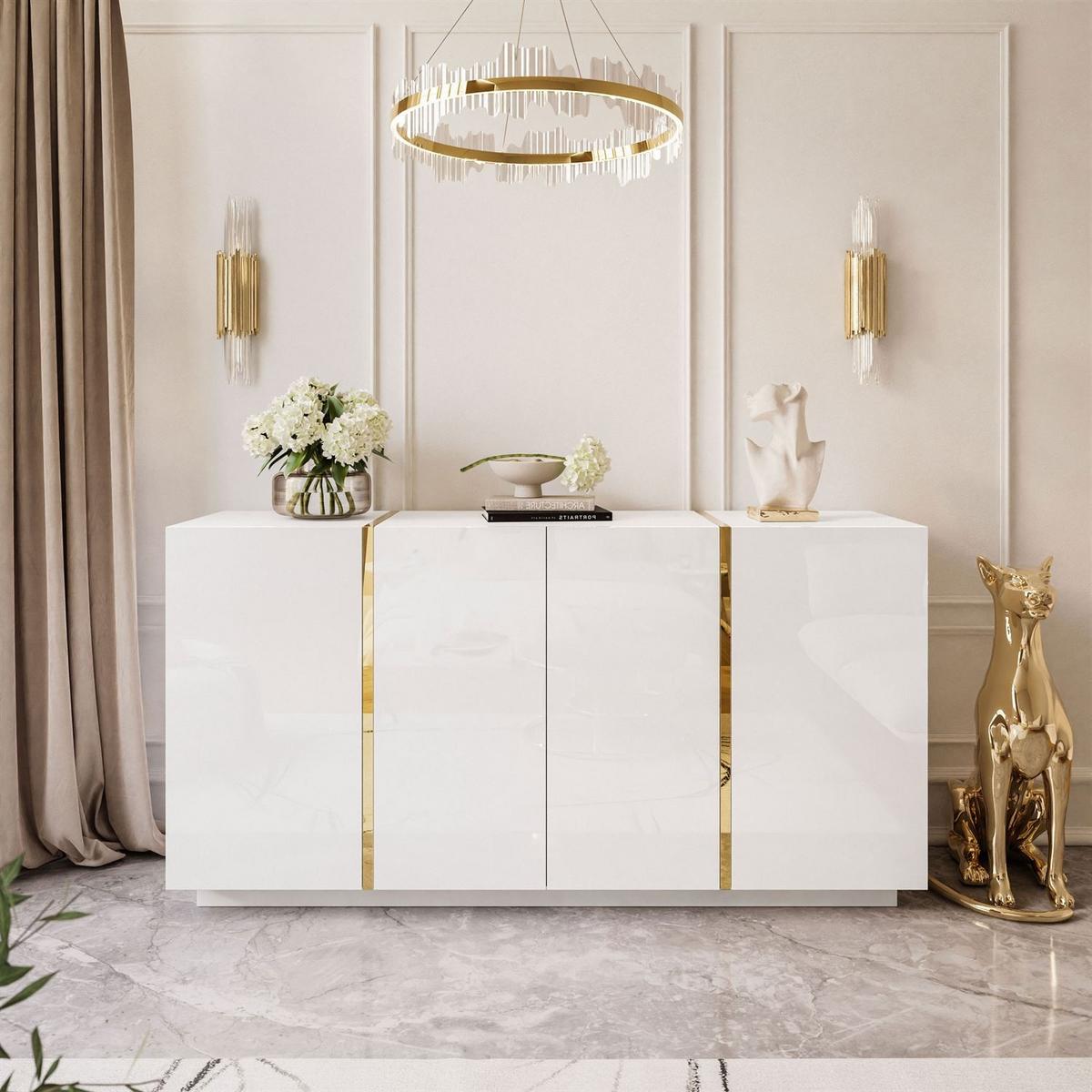 SIDEBOARD ONYX 4T 158 CM LUXURIÖSE KOMMODE MIT HOCHGLANZ FÜR DAS WOHNZIMMER PUSH OPEN - Goldfarben/Weiß, Holzwerkstoff (158/81/41cm) - Lookway