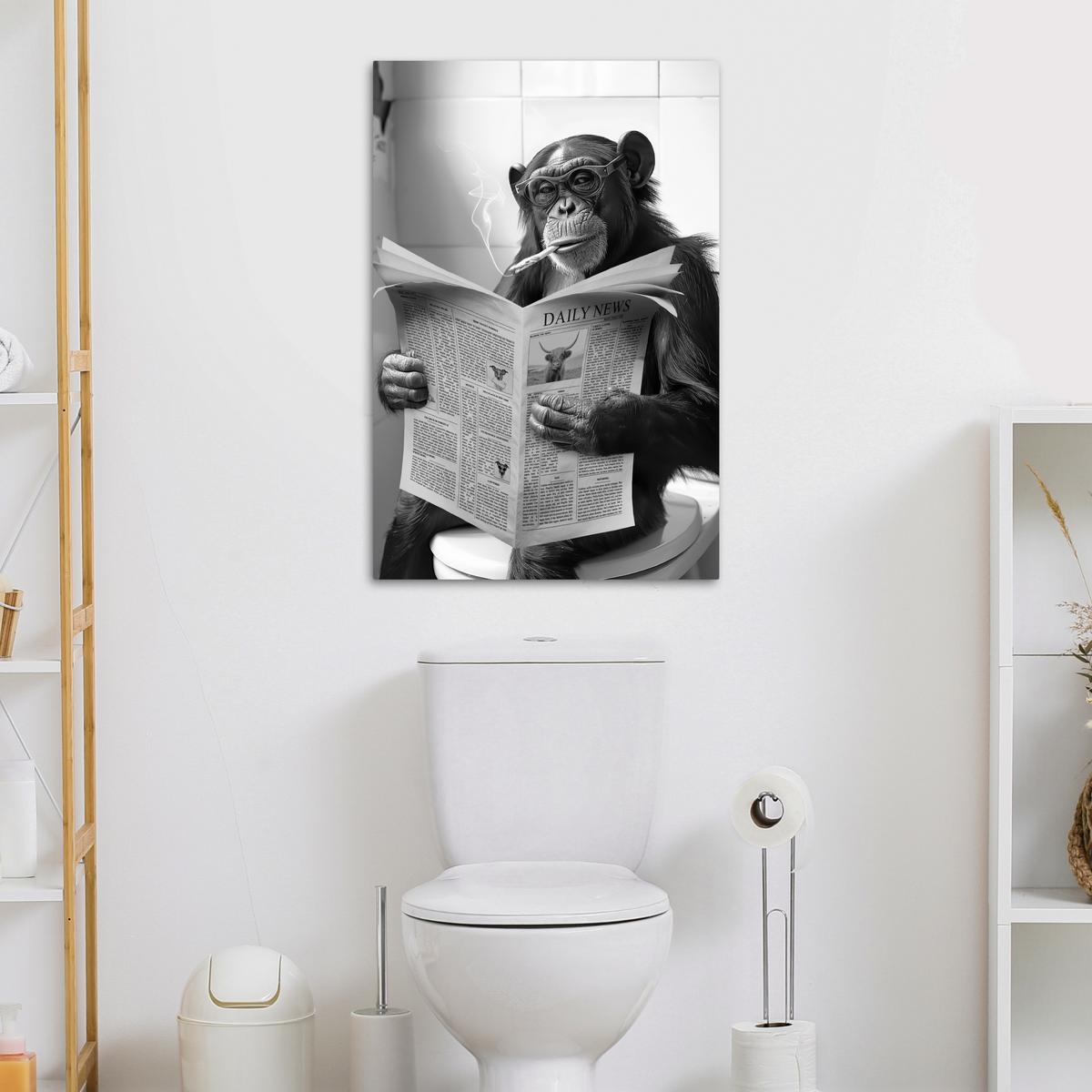 LEINWANDBILD Affe - WC - Zeitung - Schwarz-Weiß - Humor Wanddeko Schlafzimmer 60x90 cm - Hellgrau, Textil (60/90cm) - MuchoWow