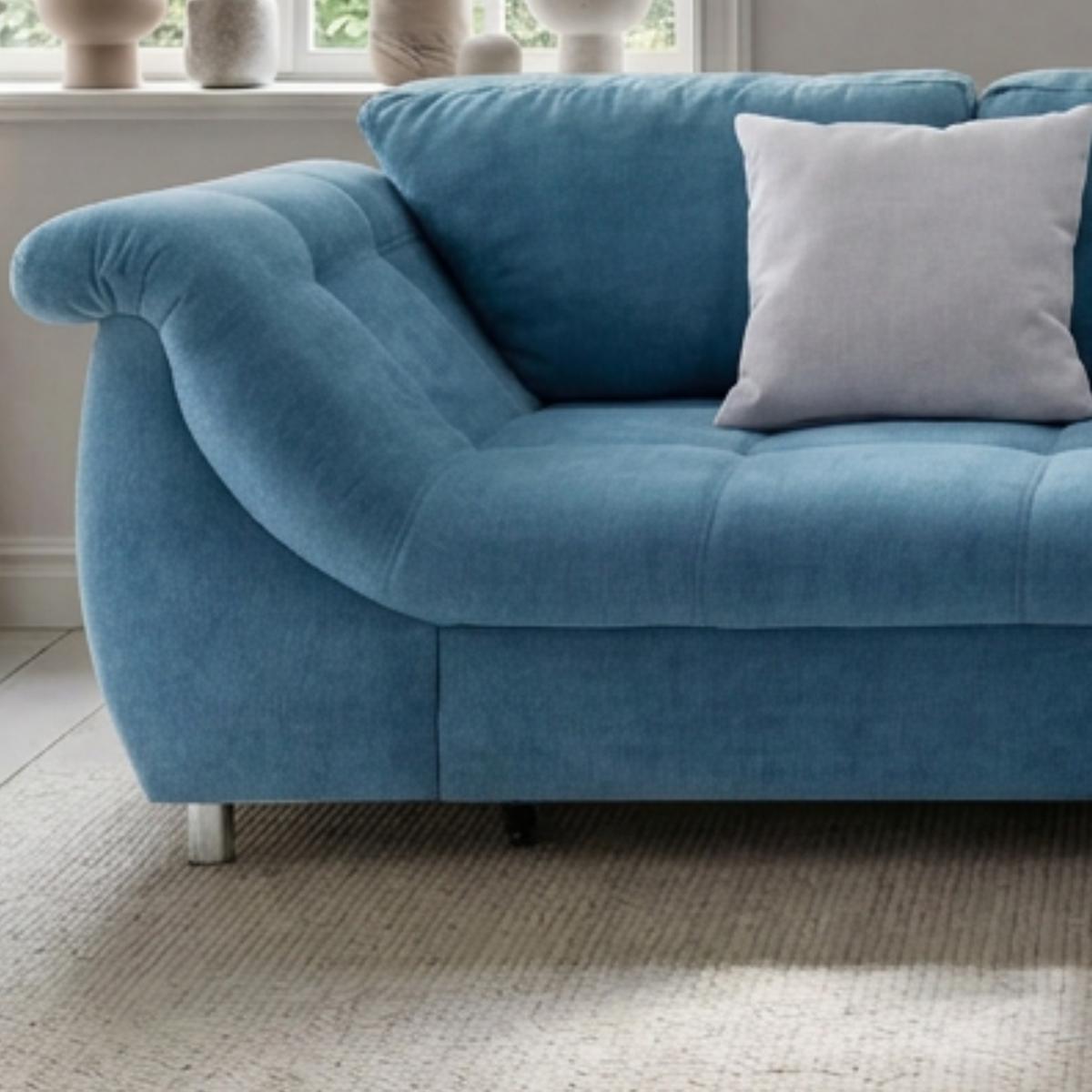 ECKSOFA mit Schlaffunktion, Bettkasten, Wellenunterfederung, Ottomane rechts B250/T190/H84 cm, Liegefl. 179x190 cm, Mikrofaser Blau / 17101 - Blau/Chromfarben, Textil/Metall (250/190cm) - luma-home