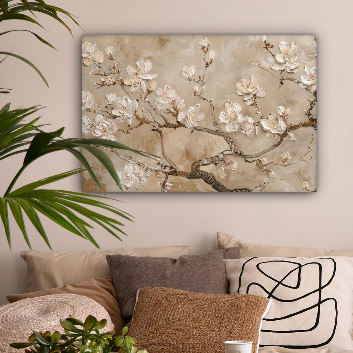 LEINWANDBILD Blumen - Modern - Beige - Weiß - Blüte Gemälde 60x40 cm - Beige, Textil (60/40cm) - MuchoWow
