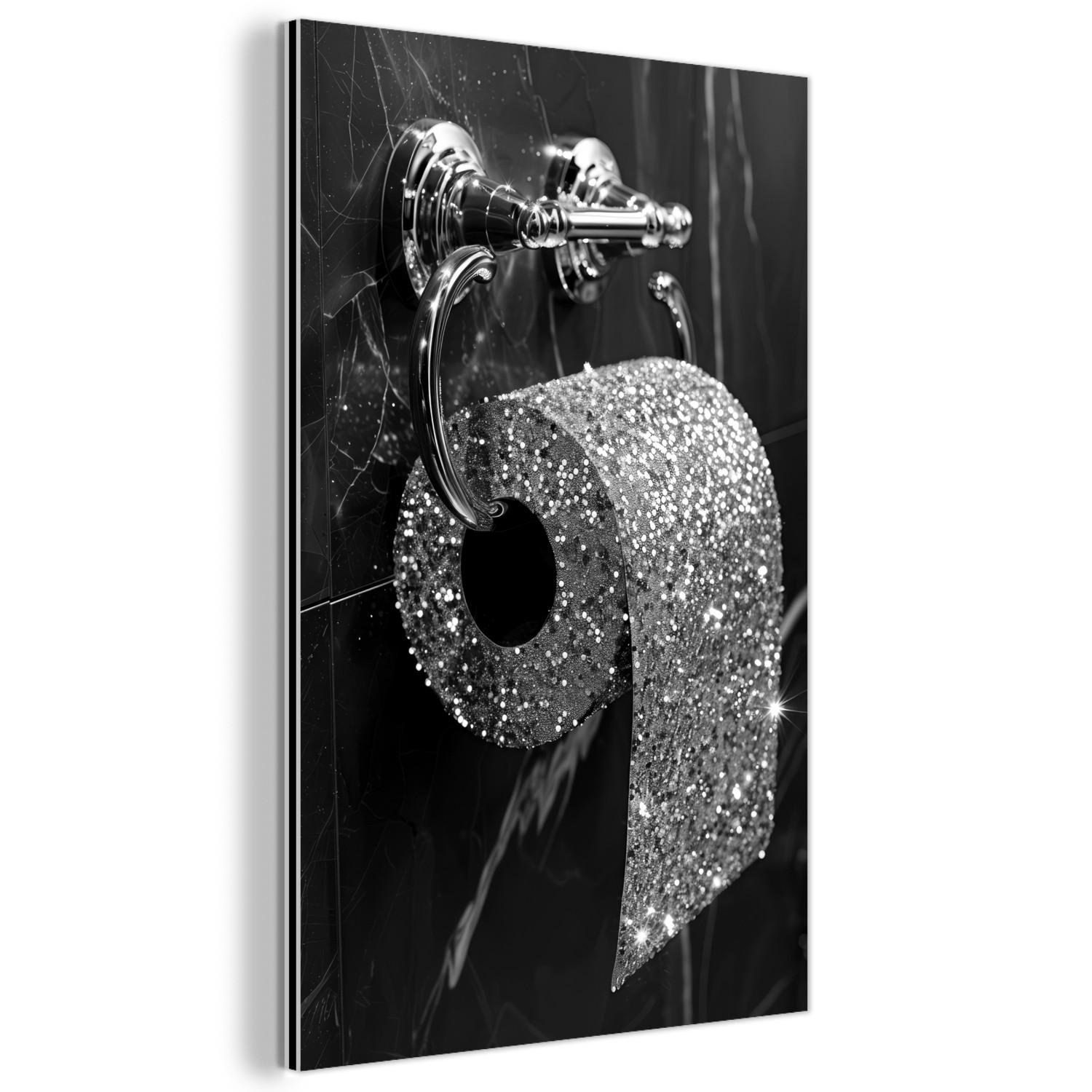 METALLBILD WC - Toilettenpapier - Schwarz und weiß - Glitter Deko Wohnzimmer 60x90 cm - Silberfarben, Metall (60/90cm) - MuchoWow