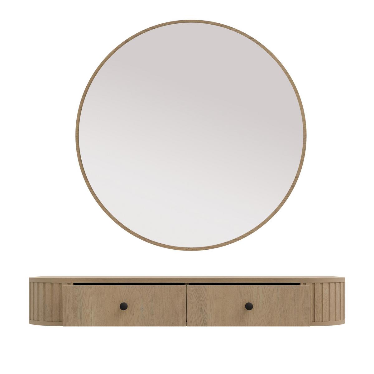 KONSOLENTISCH Halay Eiche Cremona 2 Schubladen mit runden Kanten + Rund Spiegel 100 cm - Eichefarben/Schwarz, Holzwerkstoff/Metall (35.9/123/17.5cm) - AX Living