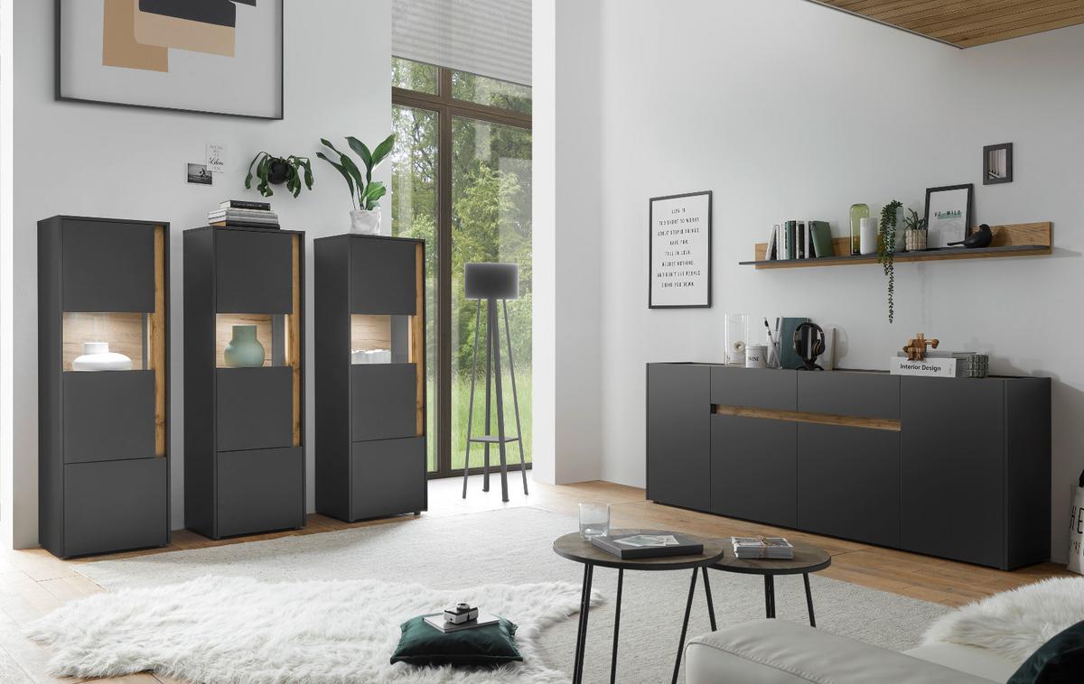 SIDEBOARD grau matt, Wotan Eiche, Kommode 220 x 87 cm mit 4 Türen und Schubladen - Anthrazit/Eiche Wotan, Holz/Holzwerkstoff (223/86/40cm) - Furn.Design