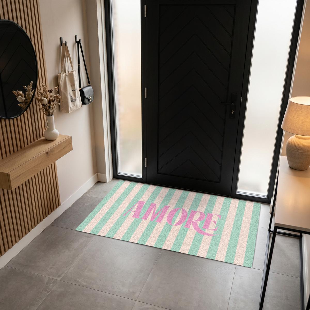 FUSSMATTE Rosa – Grün – Streifen – Amore 150x90 cm - Mintgrün, Kunststoff (150/0.4cm) - MuchoWow