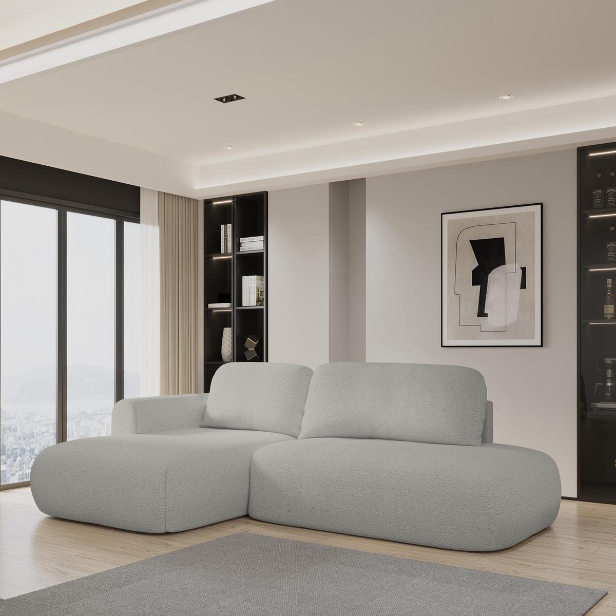 ECKSOFA NUVIRA L-S Hellgrau Boucle-Stoff mit Schlaffunktion - Hellgrau, Holz (279/158cm) - MASSENO