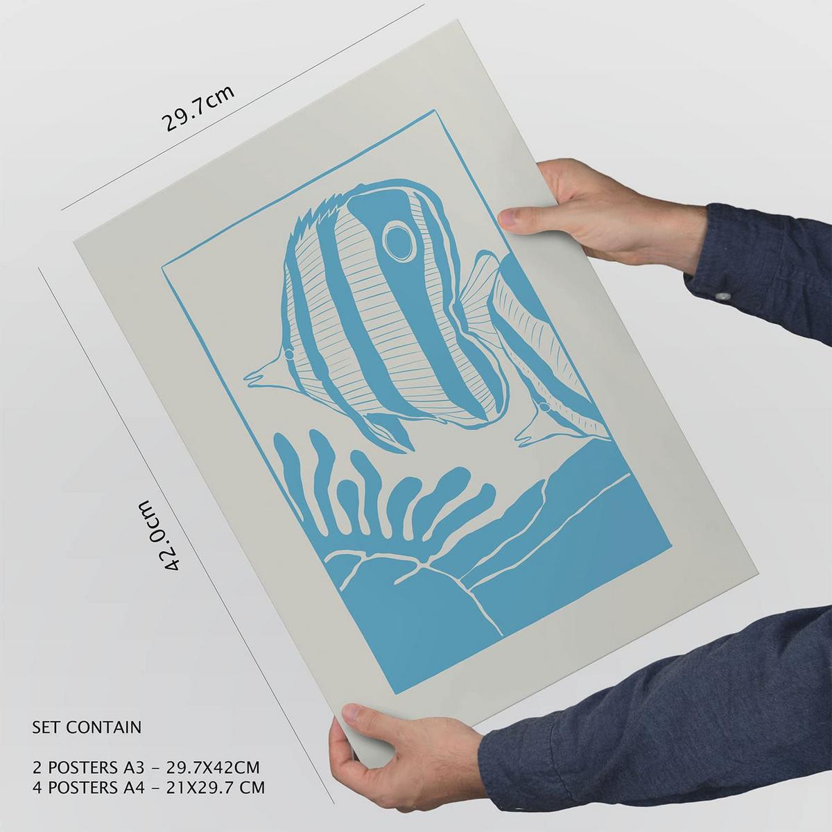 POSTER Set Mit 6 In Schwarzer Tinte Meeresmuster Kunstdrucke Von Meer Und Ozean Für Innenarchitektur A3 & A4 Schwarzer Rahmen - Schwarz, Papier (29/3cm) - Nacnic