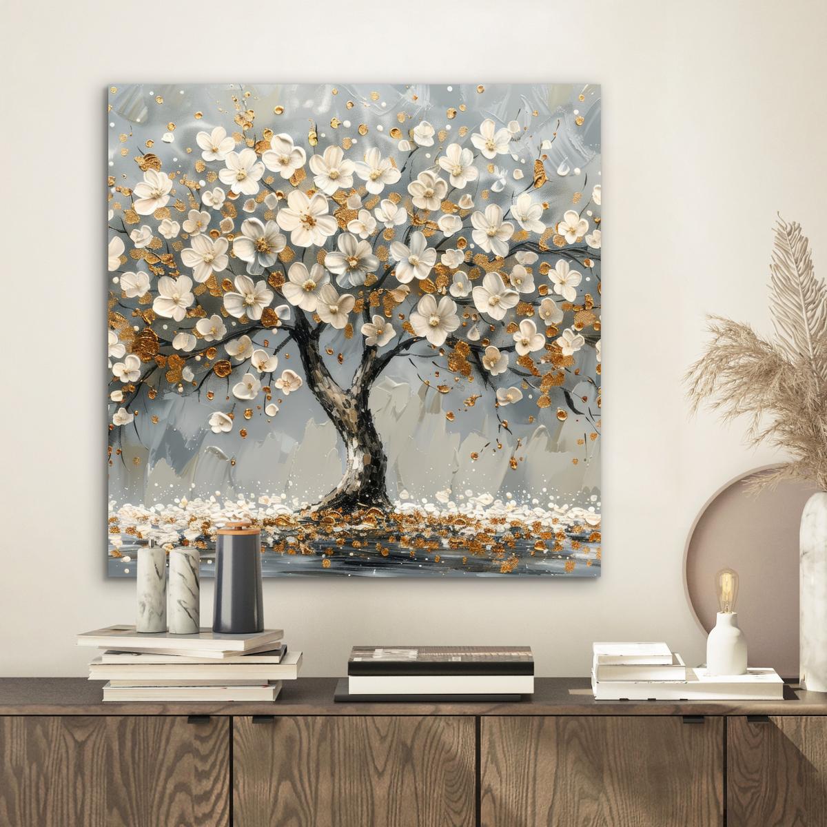 METALLBILD Baum - Blumen - Weiß - Natur - Kunst 50x50 cm - Weiß, Metall (50/50cm) - MuchoWow