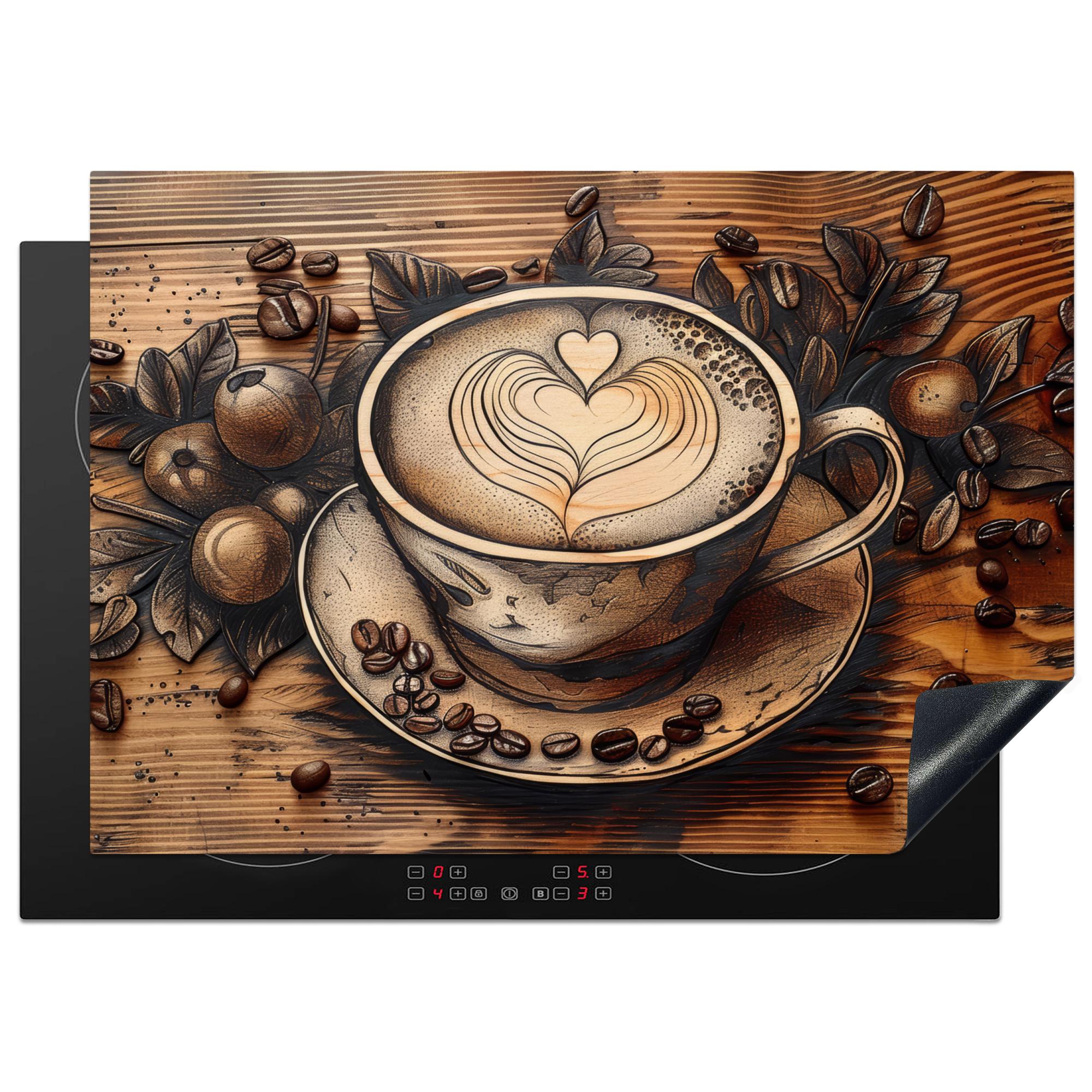 HERDABDECKPLATTE Kaffee - Vintage - Braun - Tasse - Holz Herdabdeckung Induktionsfeld 75x52 cm - Cappuccino, Kunststoff (75/52/0.2cm) - MuchoWow