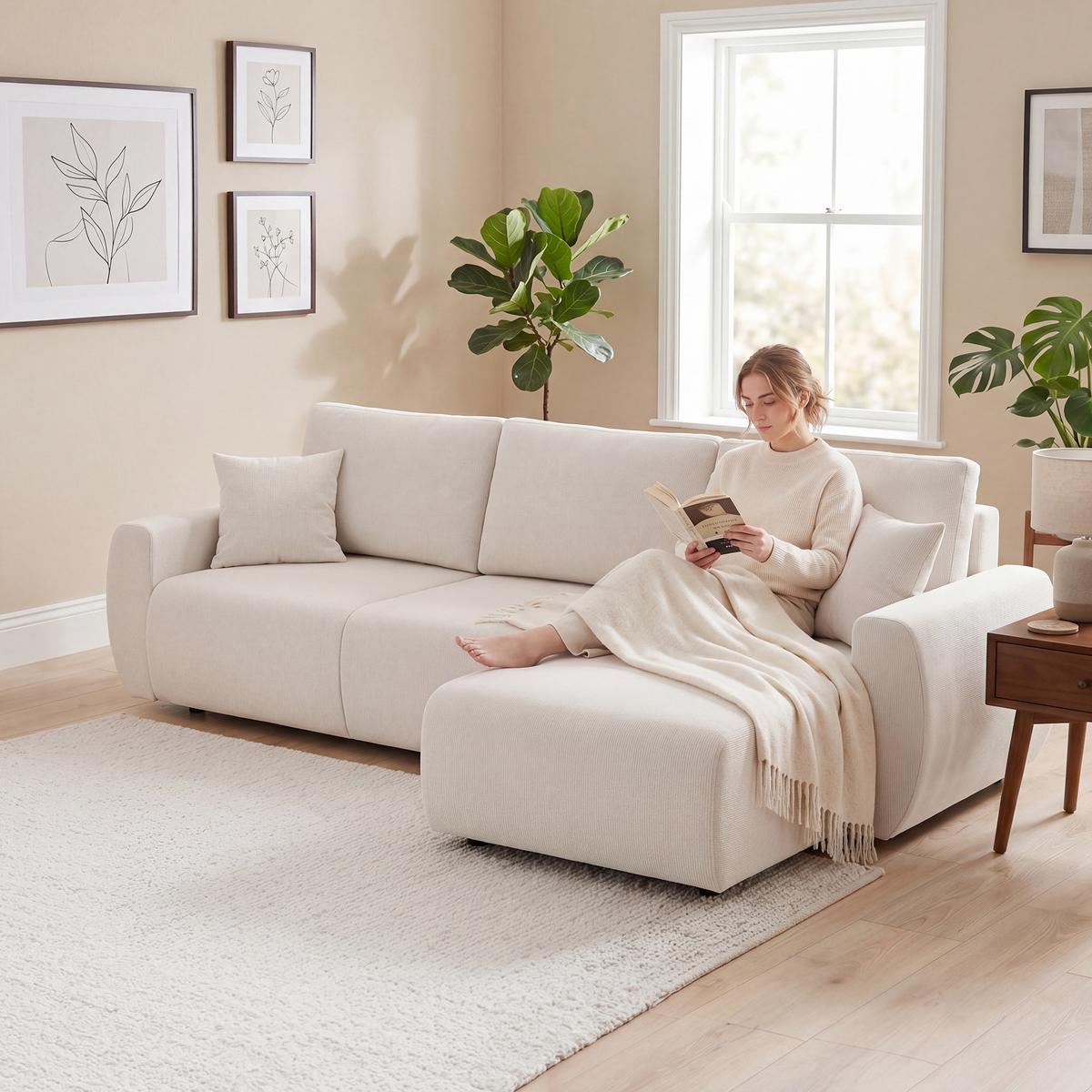 SCHLAFSOFA Veloursbezug Cremeweiß - Creme/Weiß, Holzwerkstoff/Kunststoff (140/86/250cm) - HOMCOM