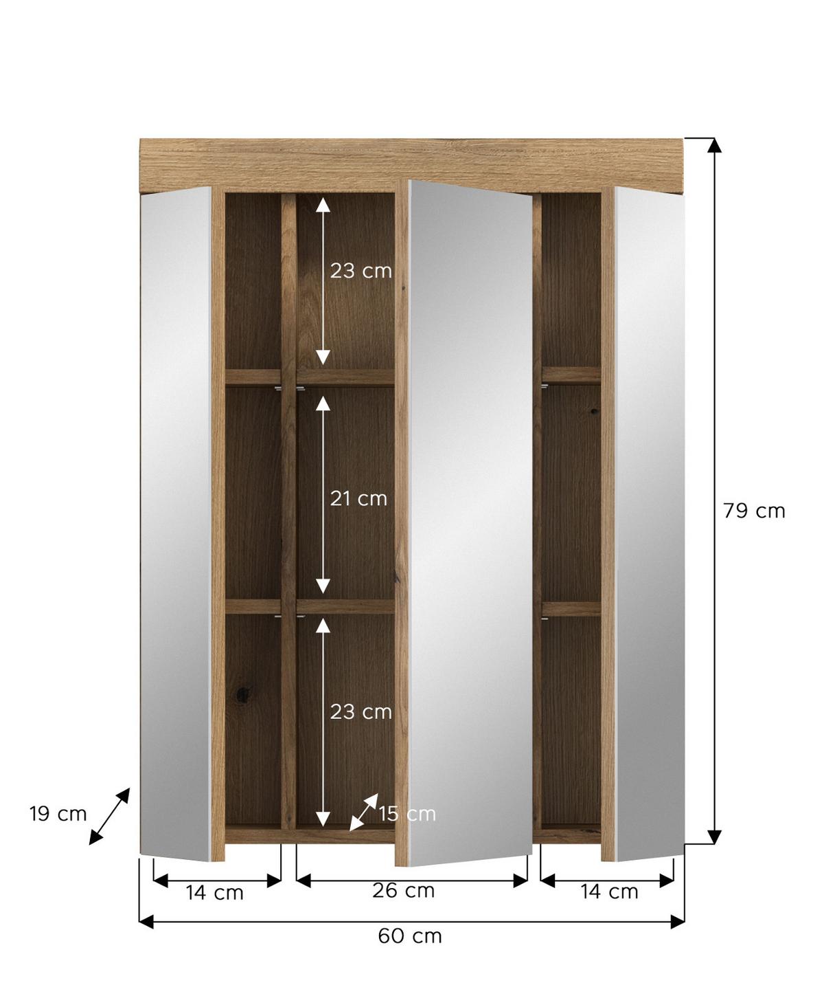 SPIEGELSCHRANK Evoke Eiche, Badschrank 3-türig 60 cm - Eichefarben, Glas/Holzwerkstoff (60/79/18cm) - Inn.Furn
